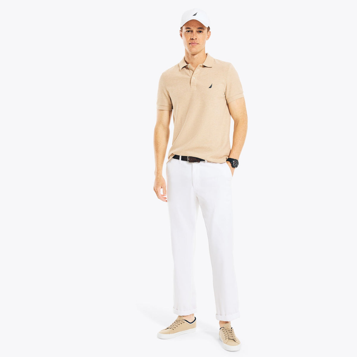 Nautica Men's Sustainably Crafted Slim Fit Performance Deck Polo Camel Heather