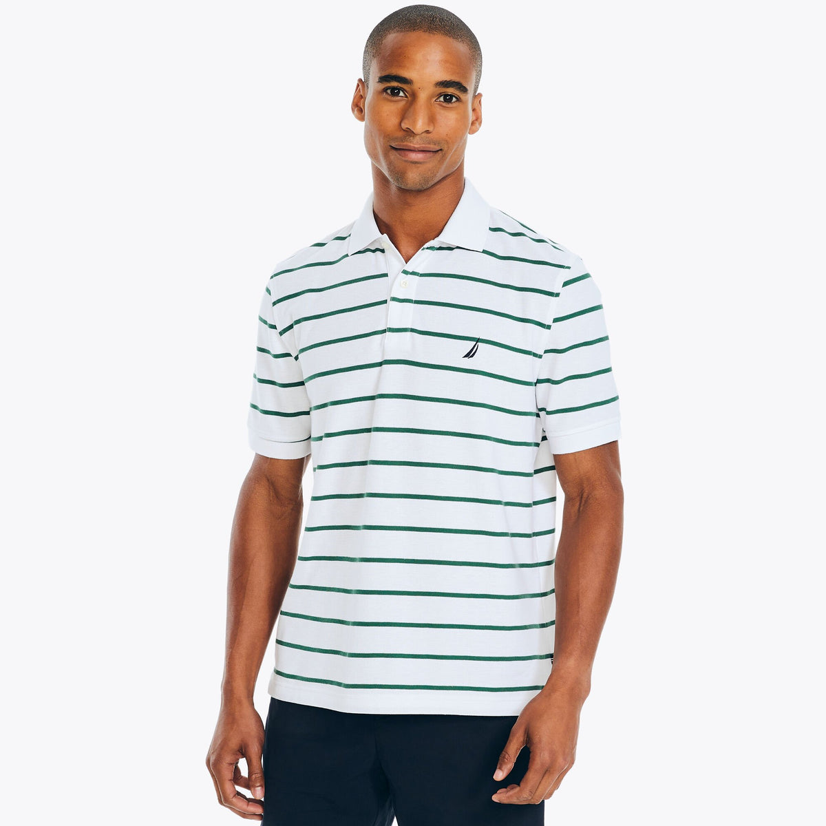 Nautica Men's Sustainably Crafted Classic Fit Striped Deck Polo Bright White