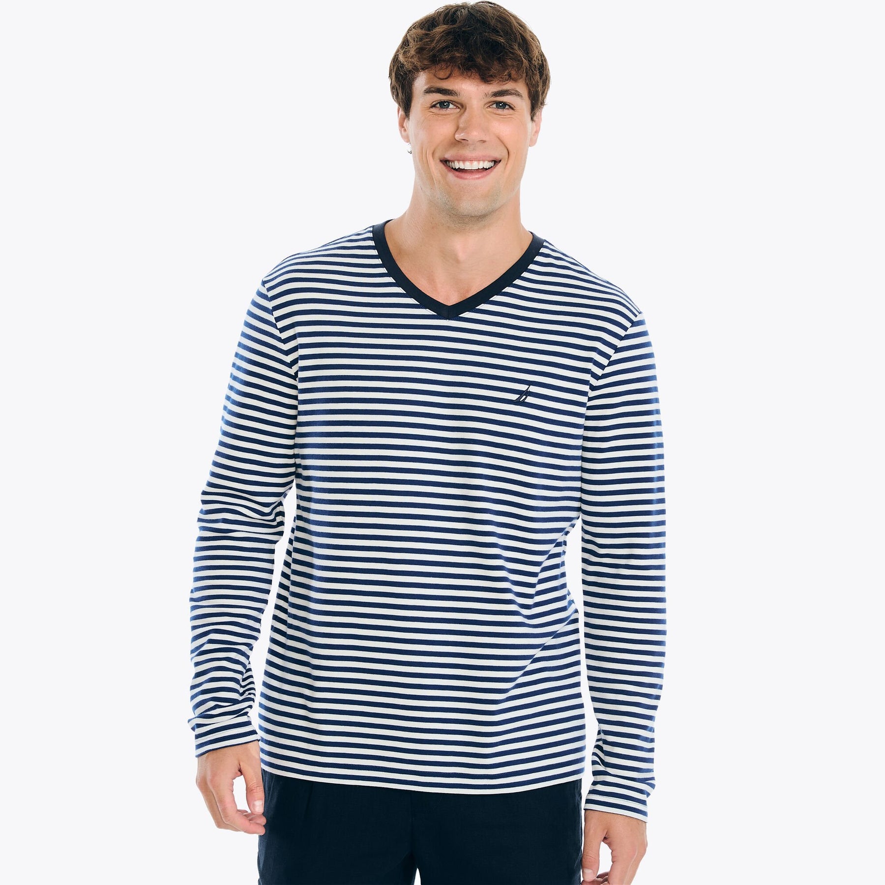 Nautica Men's Long-Sleeve Striped Crewneck T-Shirt Blue Depths