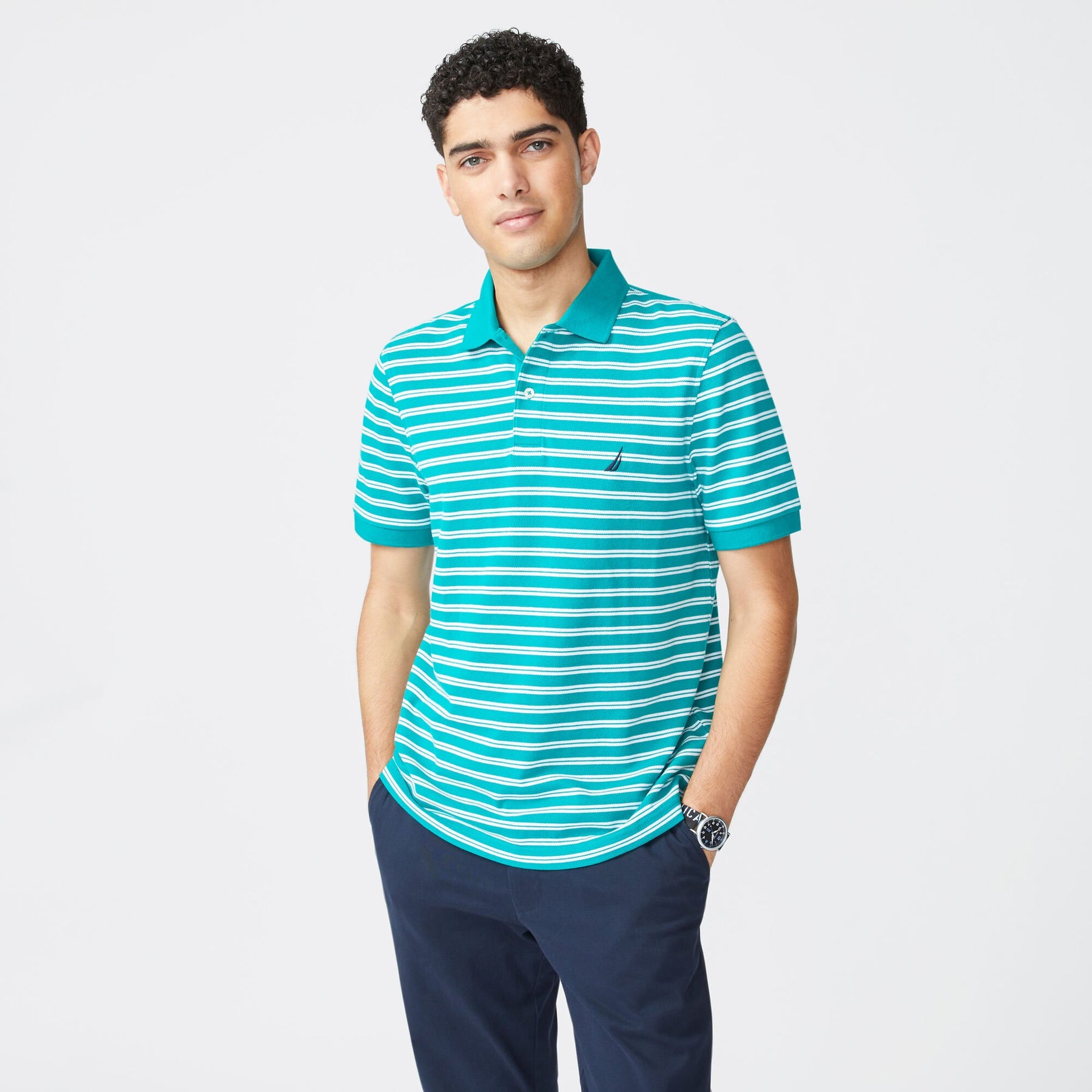 Nautica Men's Classic Fit Striped Premium Cotton Polo Schooner Green