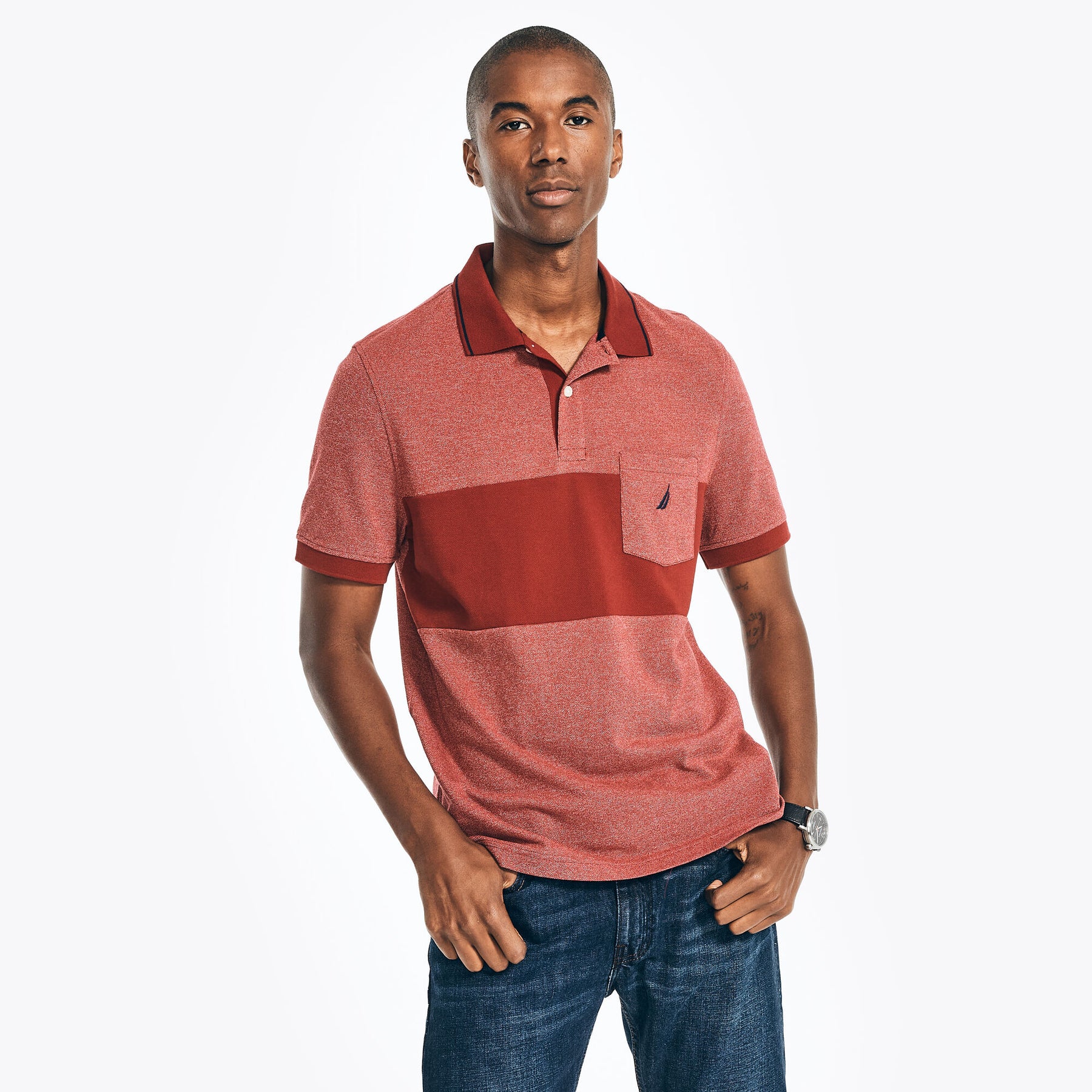 Nautica Men's Sustainably Crafted Classic Fit Colorblock Polo Melonberry