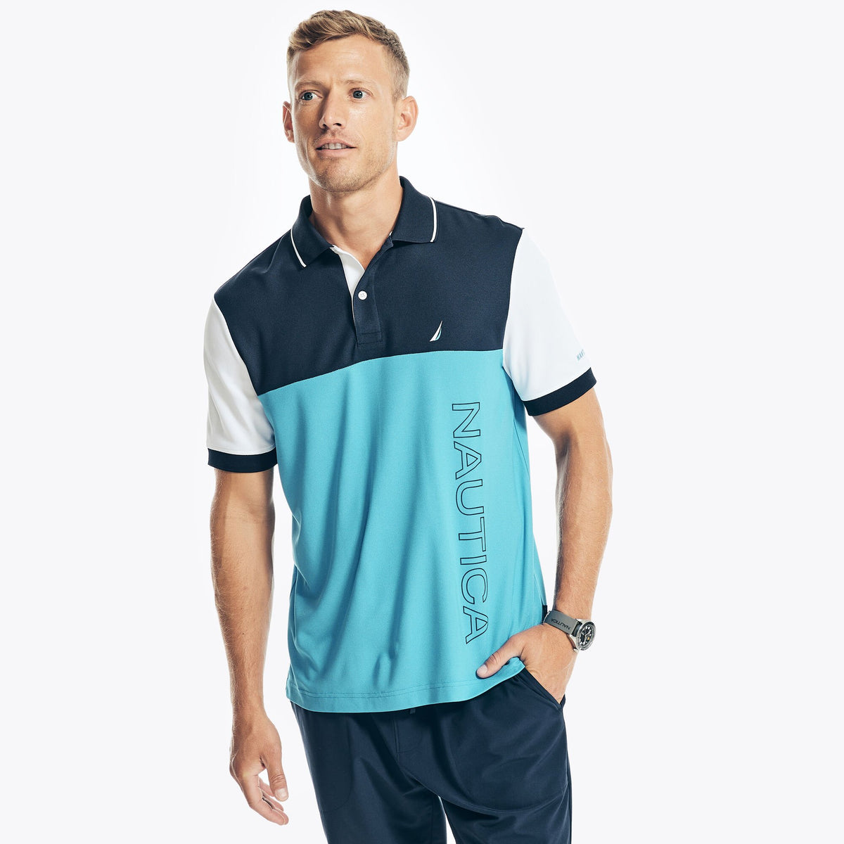 Nautica Men's Sustainably Crafted Navtech Pieced Classic Fit Polo Navy
