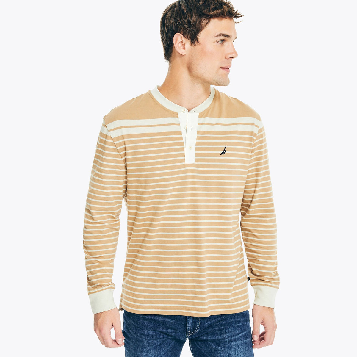 Nautica Men's Sustainably Crafted Striped Long-Sleeve Henley Oatmeal Heather