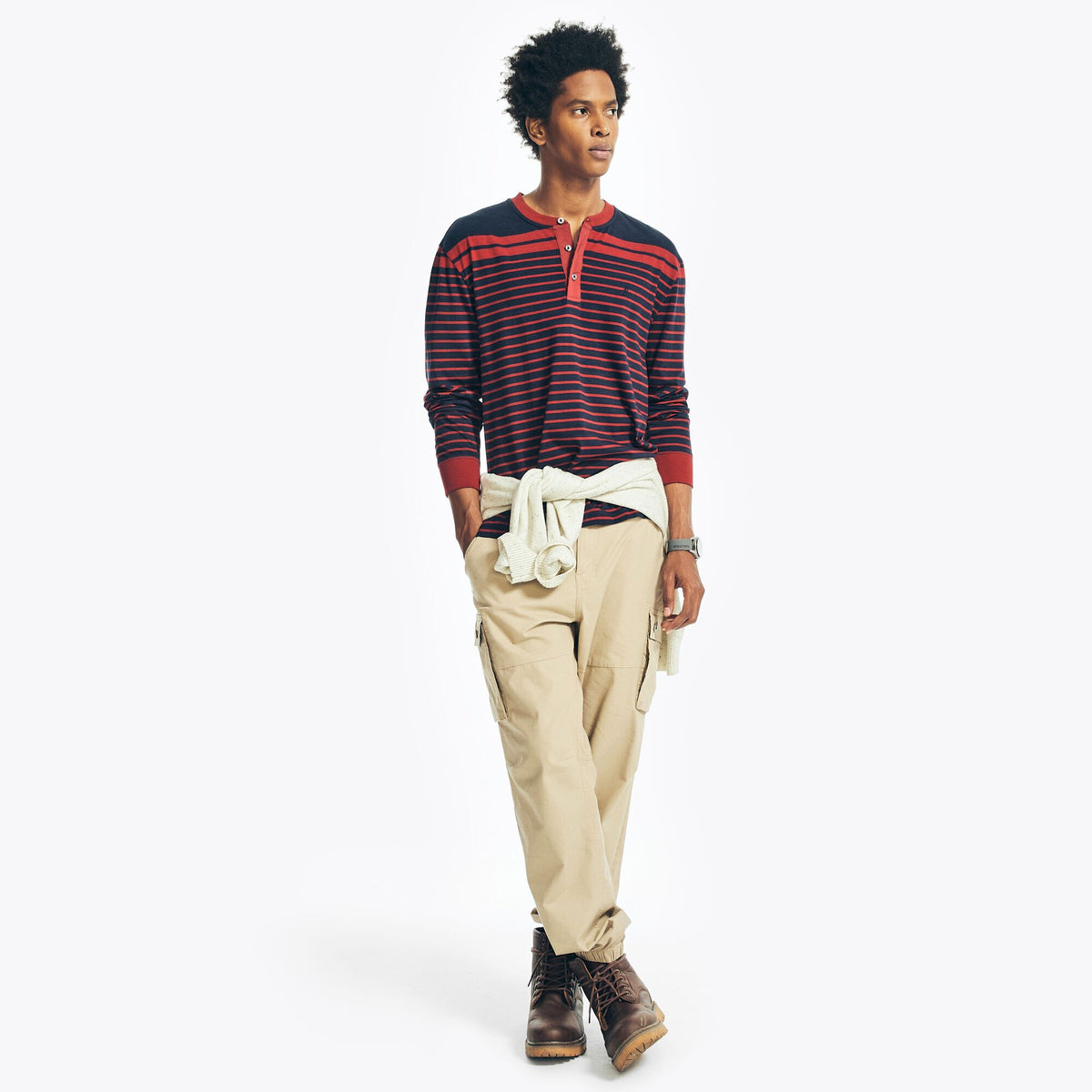 Nautica Men's Sustainably Crafted Striped Long-Sleeve Henley Melonberry