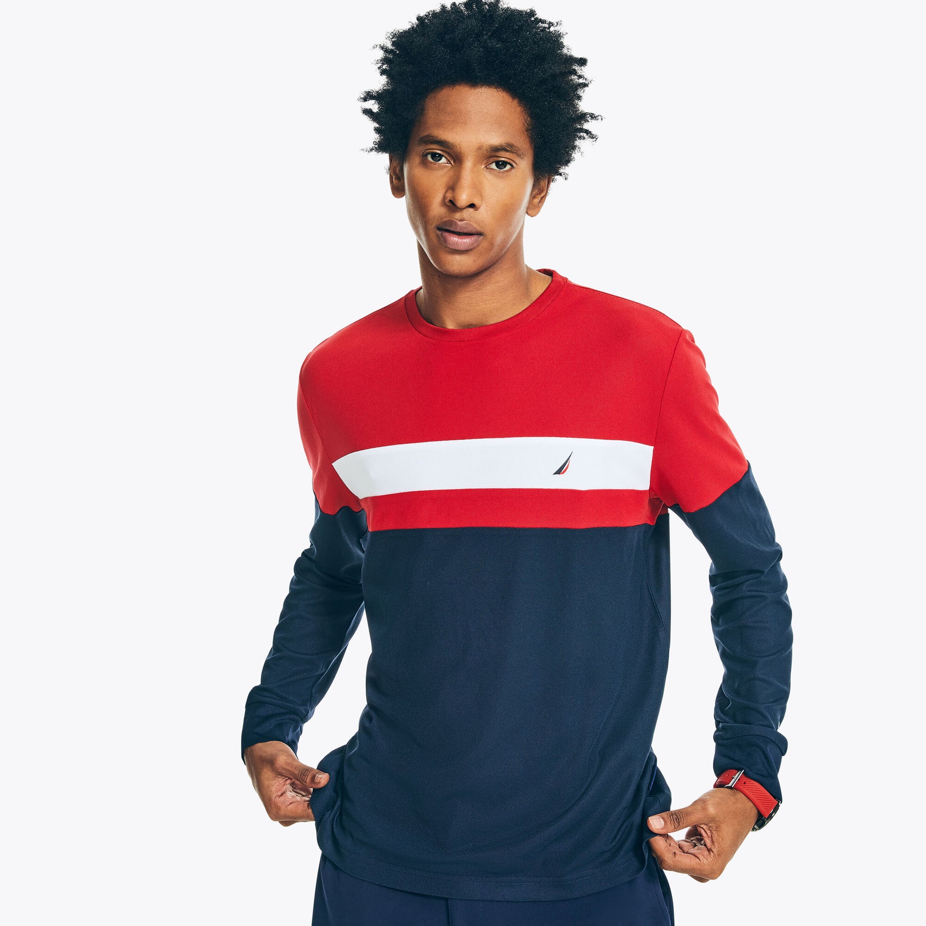 Nautica Men's Sustainably Crafted Navtech Chest-Stripe Long-Sleeve T-Shirt Nautica Red