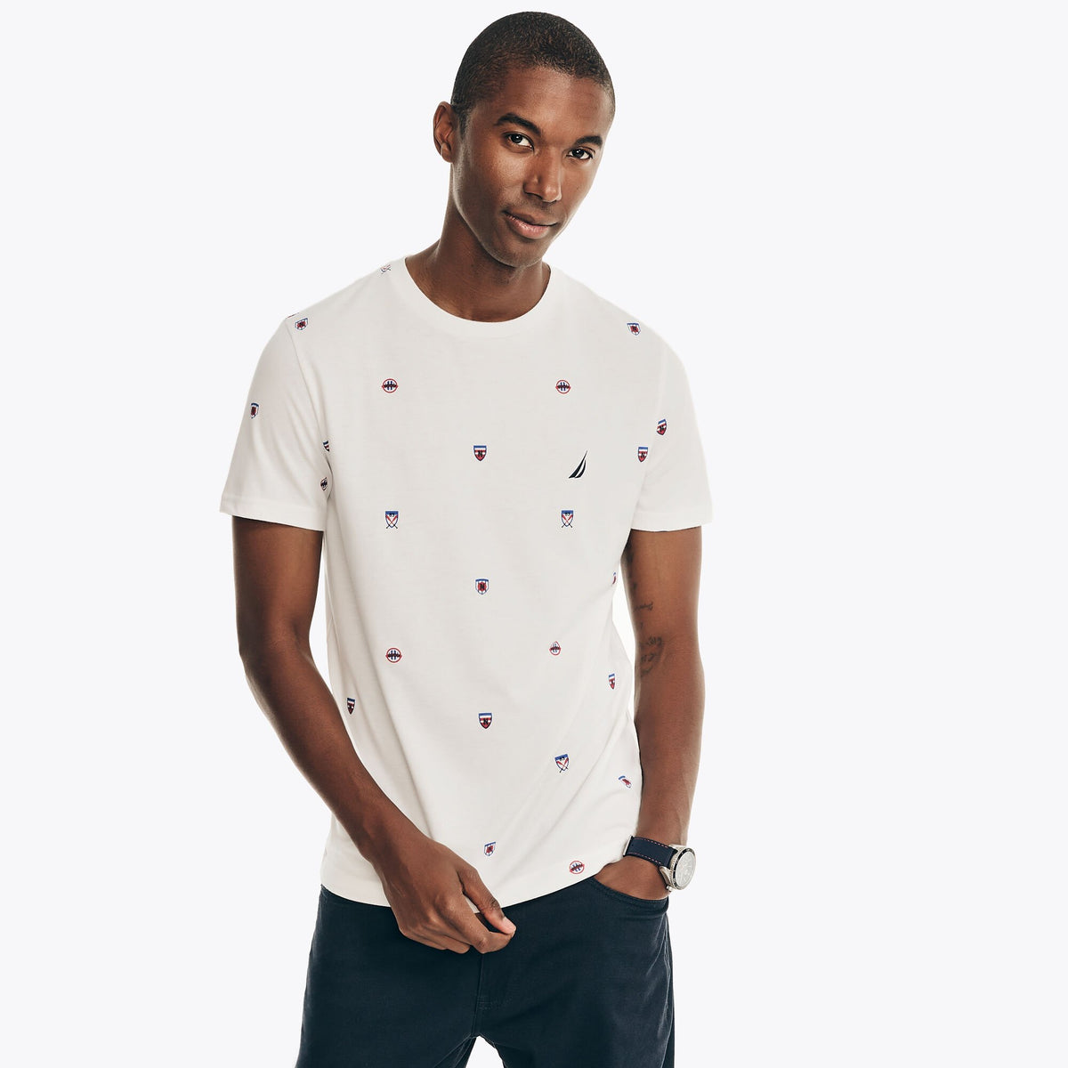 Nautica Men's Sustainably Crafted Printed Crewneck T-Shirt Bright White