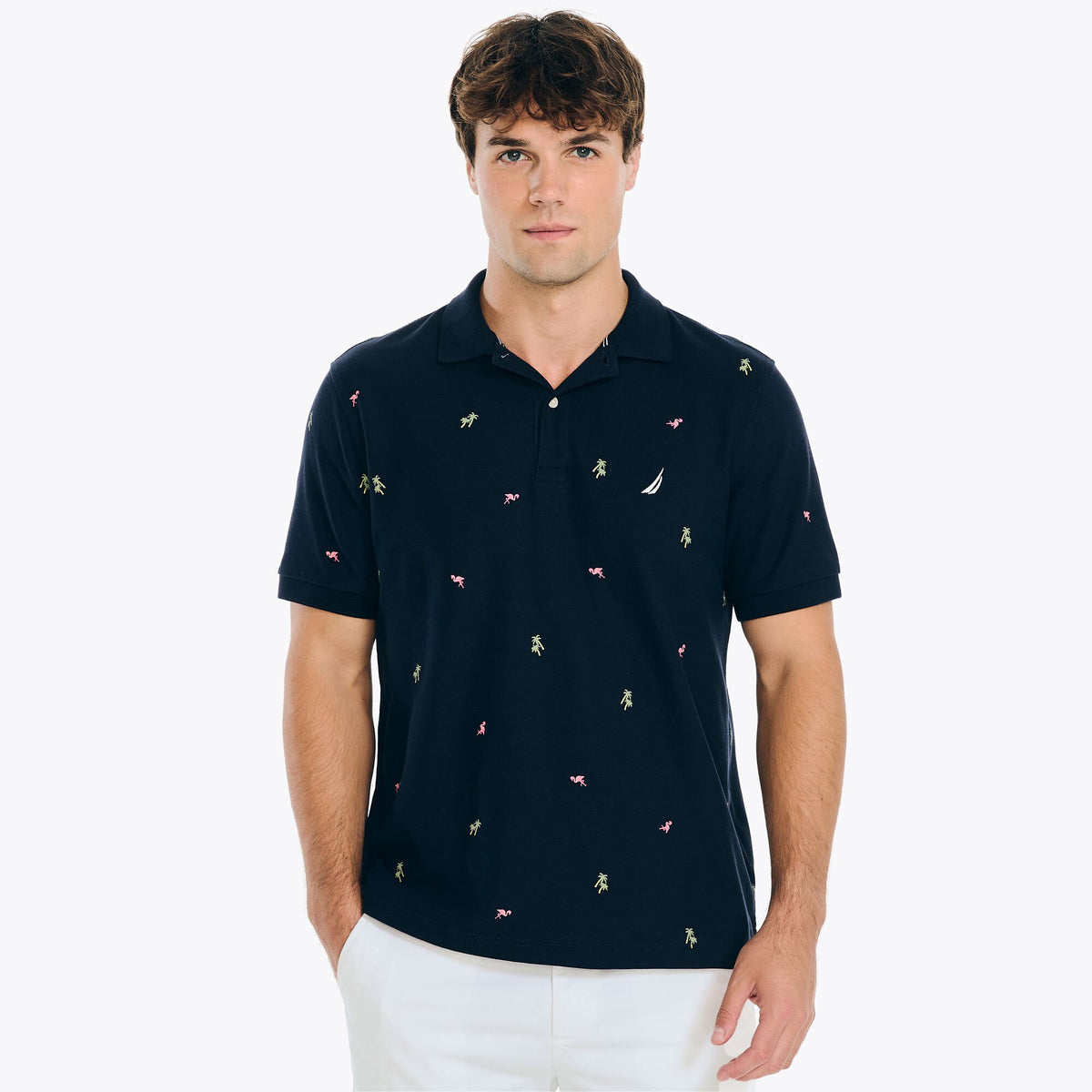 Nautica Men's Sustainably Crafted Classic Fit Printed Deck Polo Navy