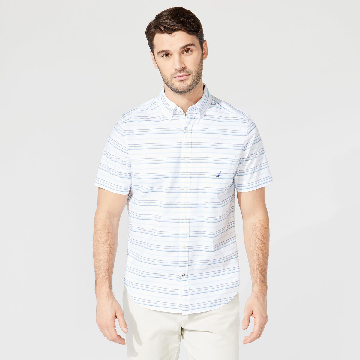 Nautica Men's Big & Tall Striped Short Sleeve Shirt Bright White