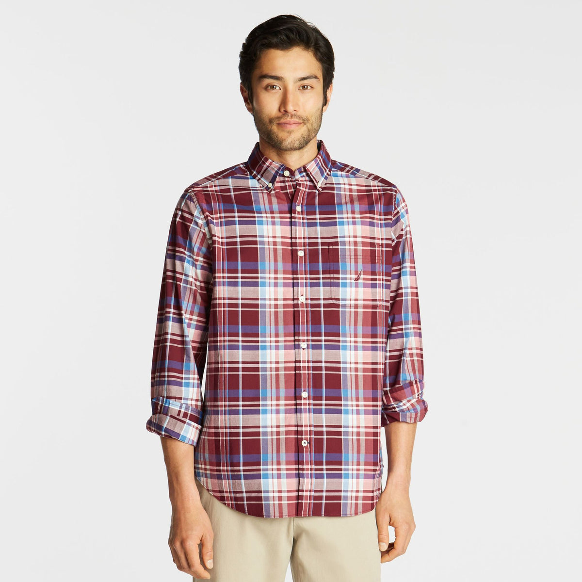 Nautica Men's Big & Tall Classic Fit Stretch Poplin Shirt In Plaid Zinfandel