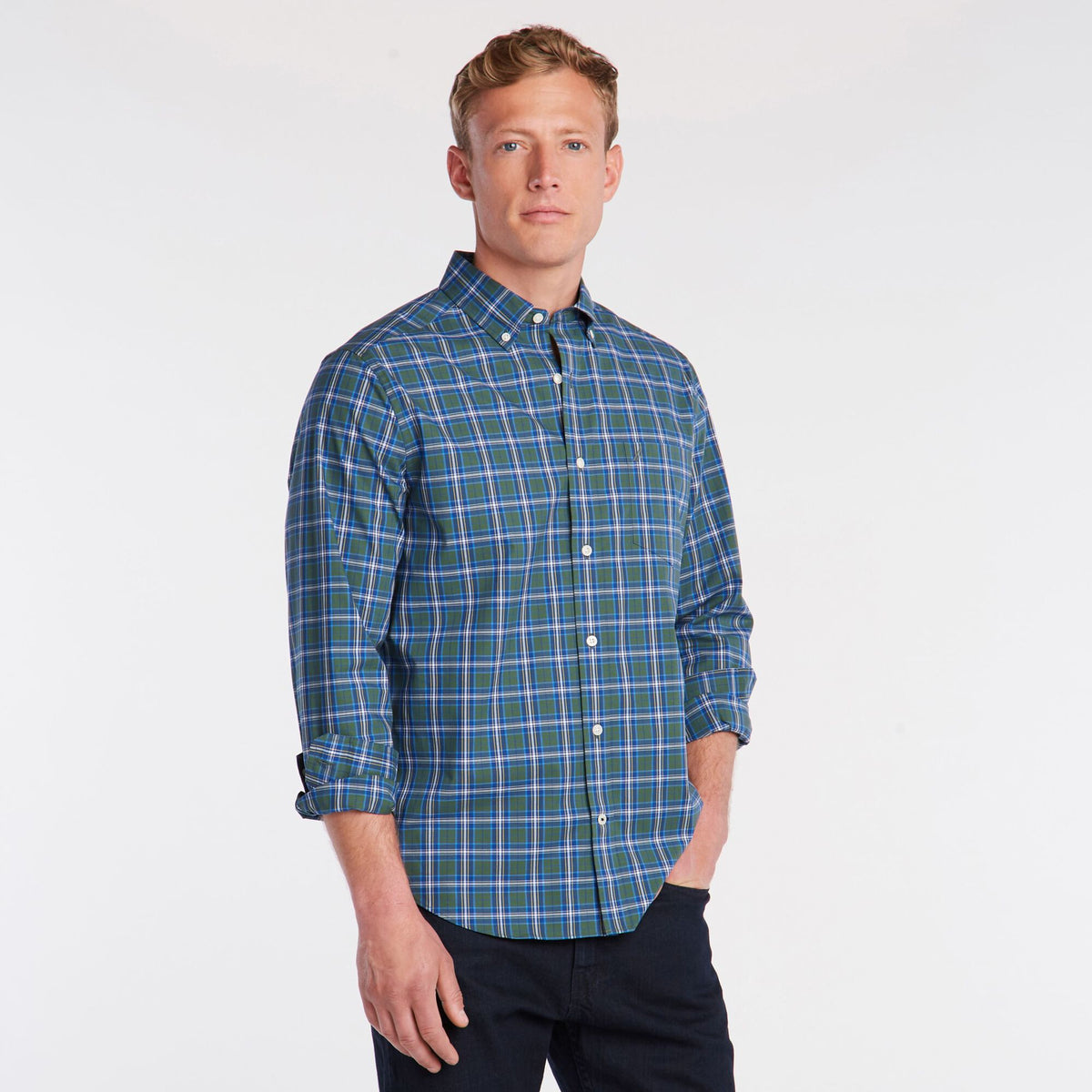 Nautica Men's Big & Tall Stretch Poplin Plaid Shirt Pineforest