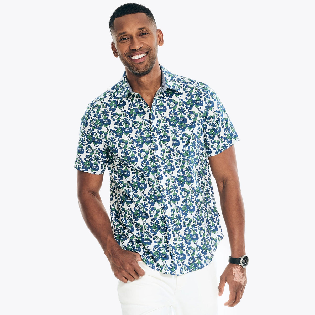 Nautica Men's Big & Tall Heathered Sustainably Crafted Floral Print Short-Sleeve Shirt Marshmallow