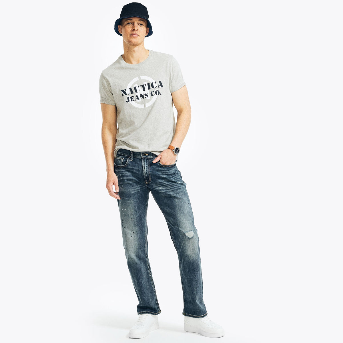Nautica Men's Nautica Jeans Co. Sustainably Crafted Distressed Relaxed Fit Denim Angel Blue