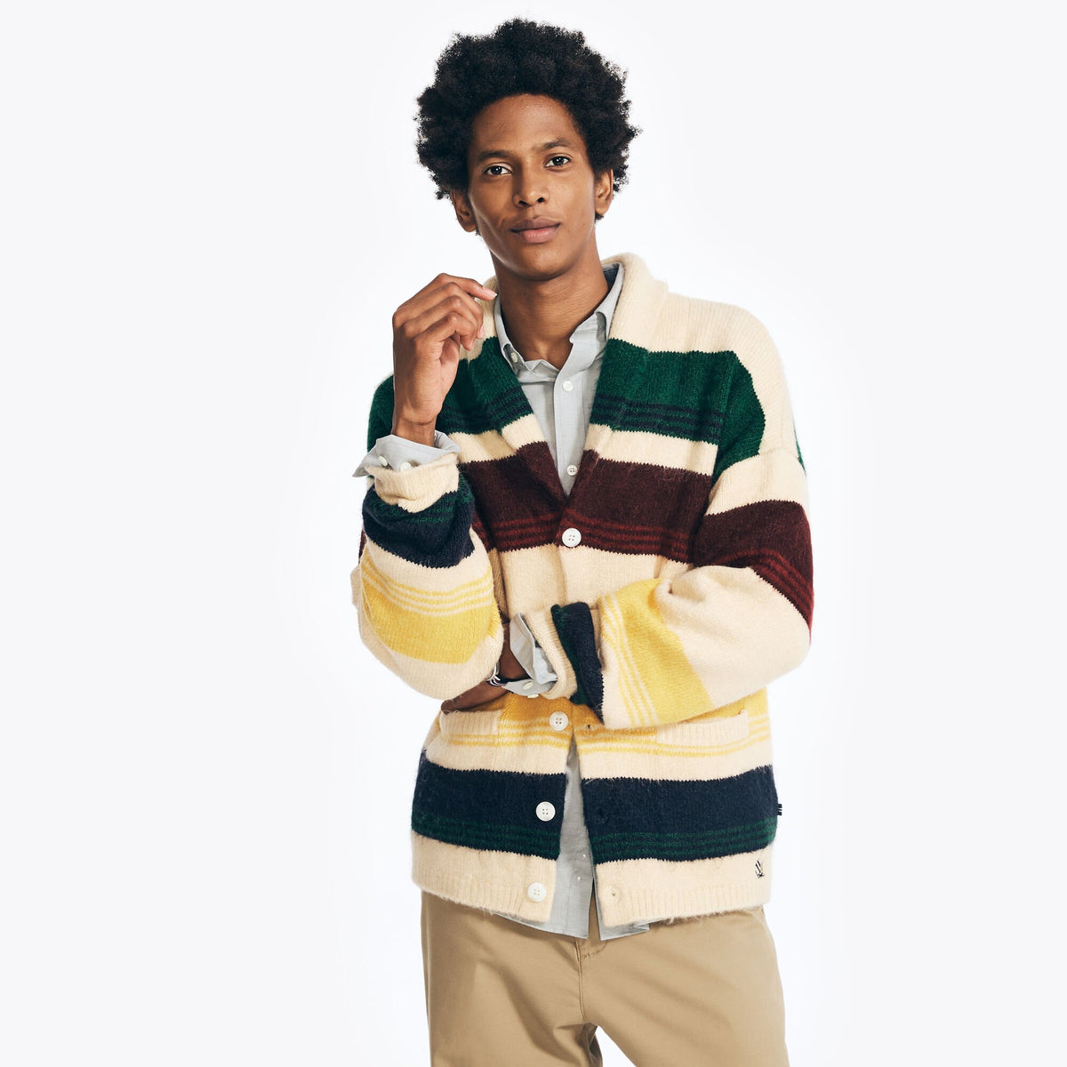 Nautica Men's Reissue Striped Cardigan Snow White