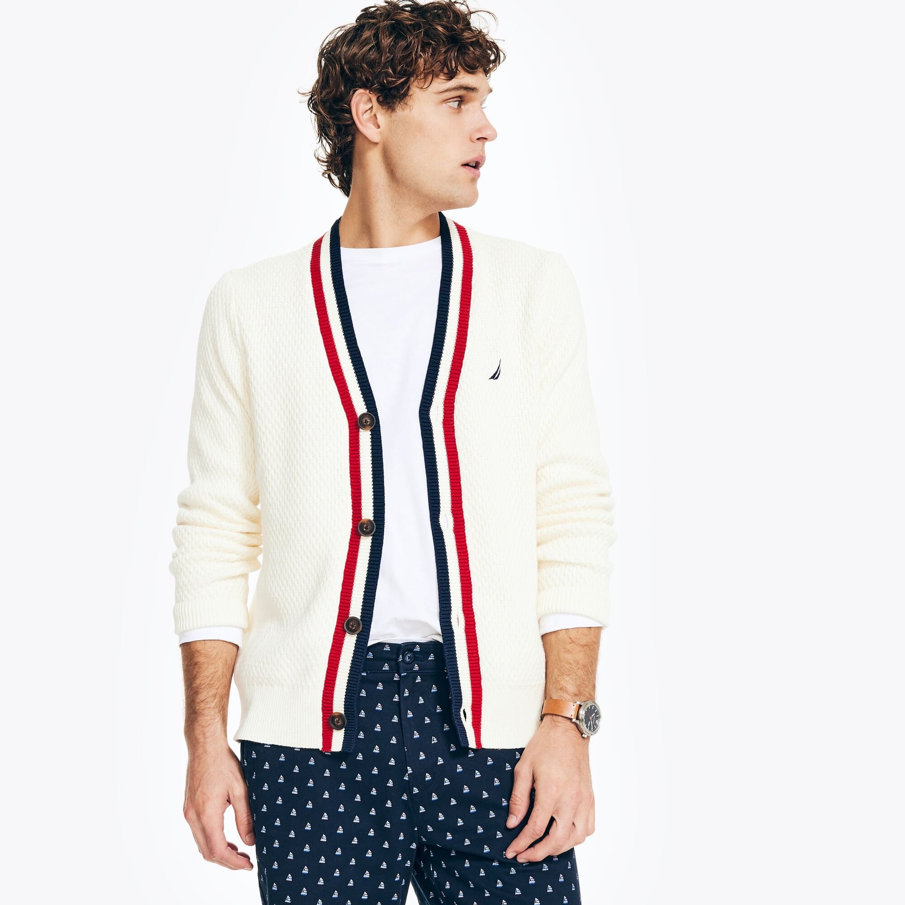 Nautica Men's Cricket Textured Cardigan Marshmallow