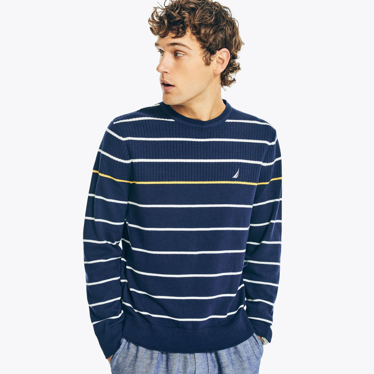 Nautica Men's Striped Textured Crewneck Sweater Stellar Blue Heather