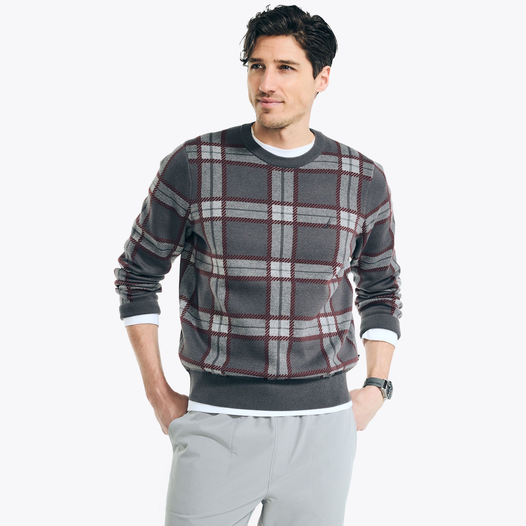 Nautica Men's Navtech Plaid Jacquard Crewneck Sweater Grey Carbon