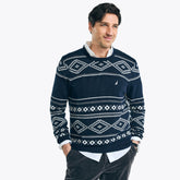 Nautica Men's Sustainably Crafted Fair Isle Jacquard Crewneck Sweater Stellar Blue Heather