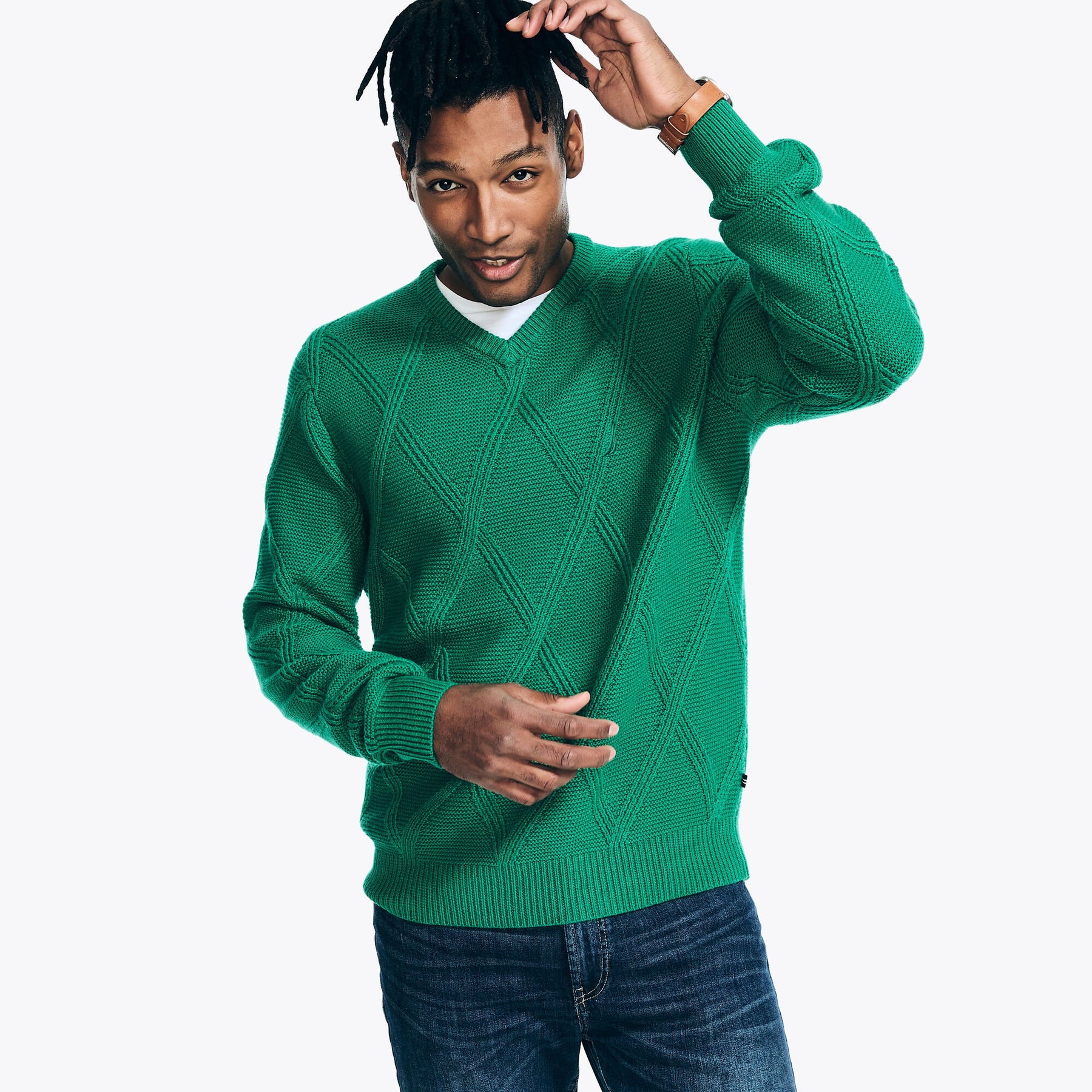 Nautica Men's Sustainably Crafted Textured V-Neck Sweater Spearmint