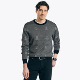 Nautica Men's Sustainably Crafted Jacquard Printed Crewneck Sweater True Black