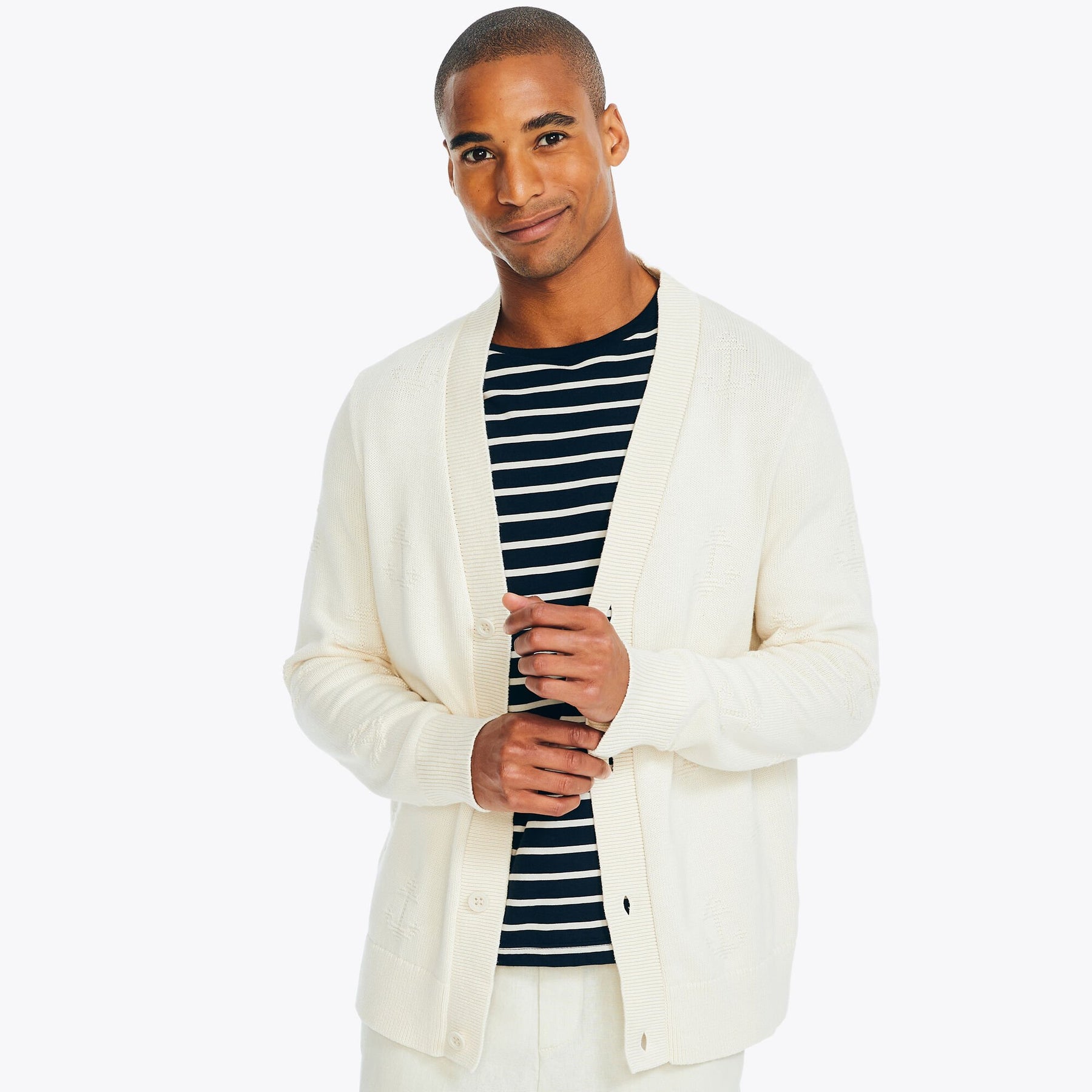 Nautica Men's Anchor Print Textured Cardigan Natural