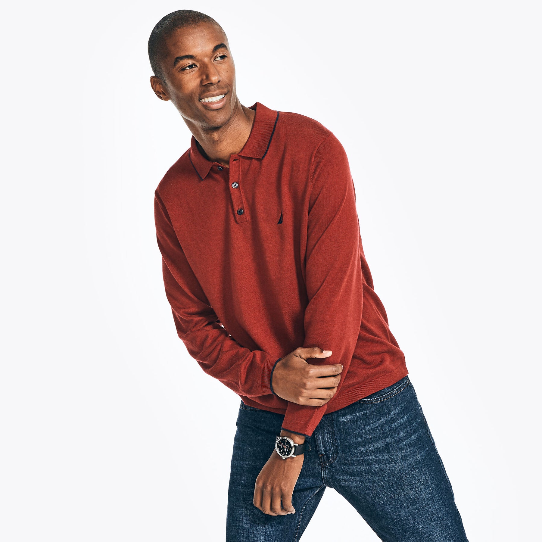 Nautica Men's Sustainably Crafted Classic Fit Long-Sleeve Sweater Polo Melonberry