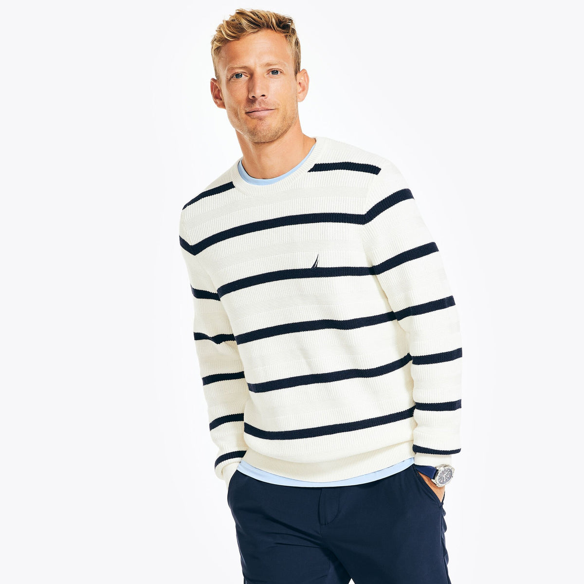 Nautica Men's Navtech Textured Striped Crewneck Sweater Marshmallow