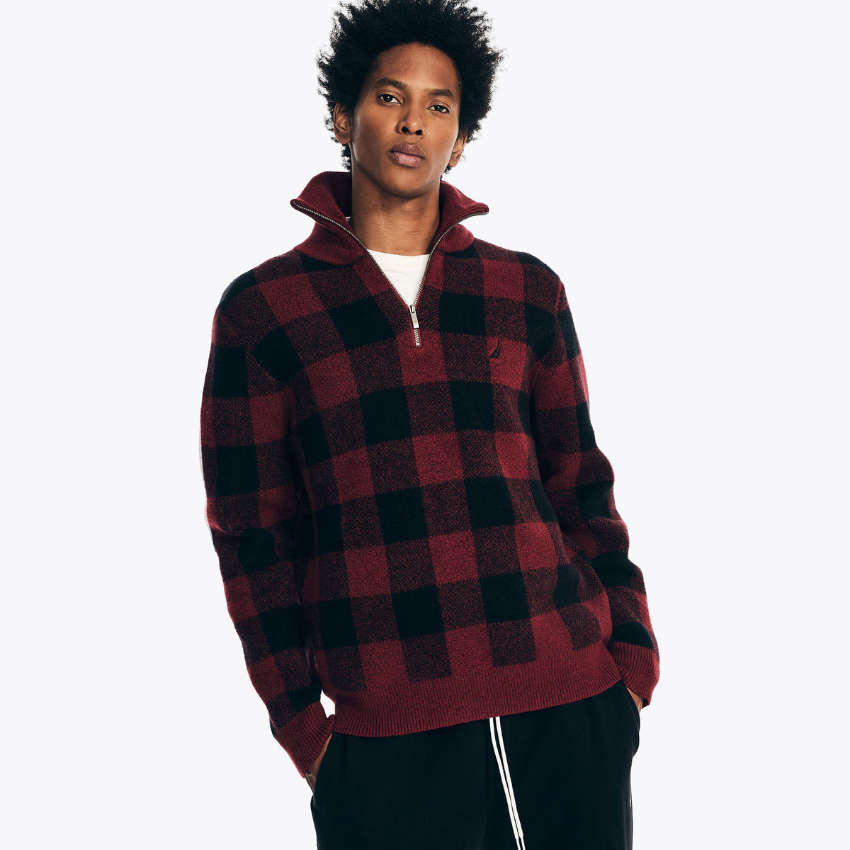 Nautica Sustainably Crafted Buffalo Plaid Quarter-Zip Sweater Flamingo