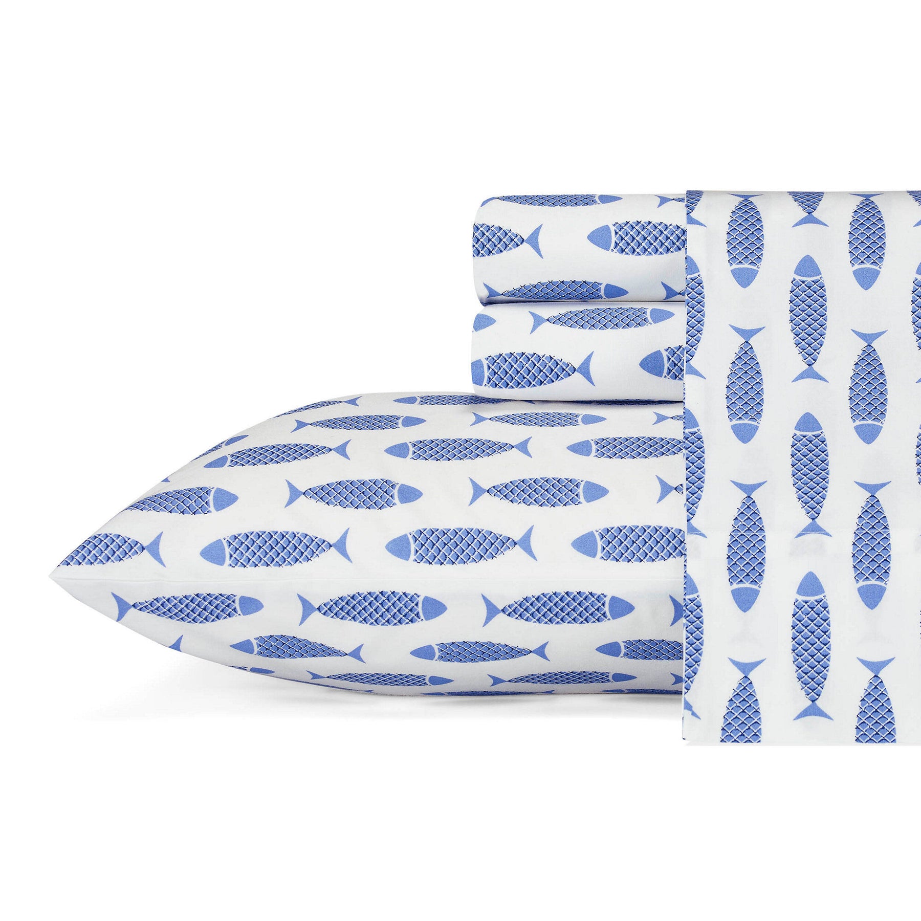 Nautica Woodblock Fish Blue Sheet Set Azure Blue