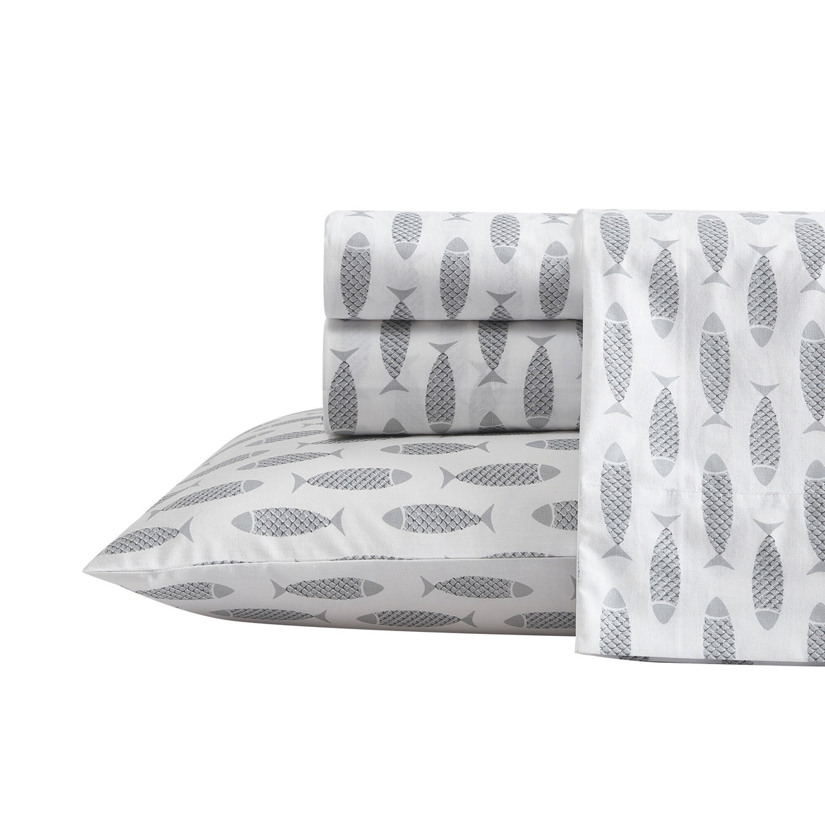 Nautica Woodblock Fish Grey Twin Sheet Set Heather