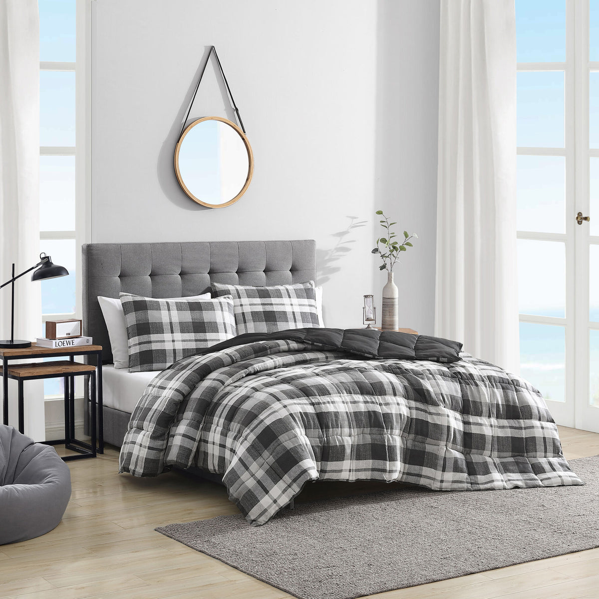 Nautica Crossview Plaid Charcoal Full/queen Reversible Comforter & Sham Set Grey Heather