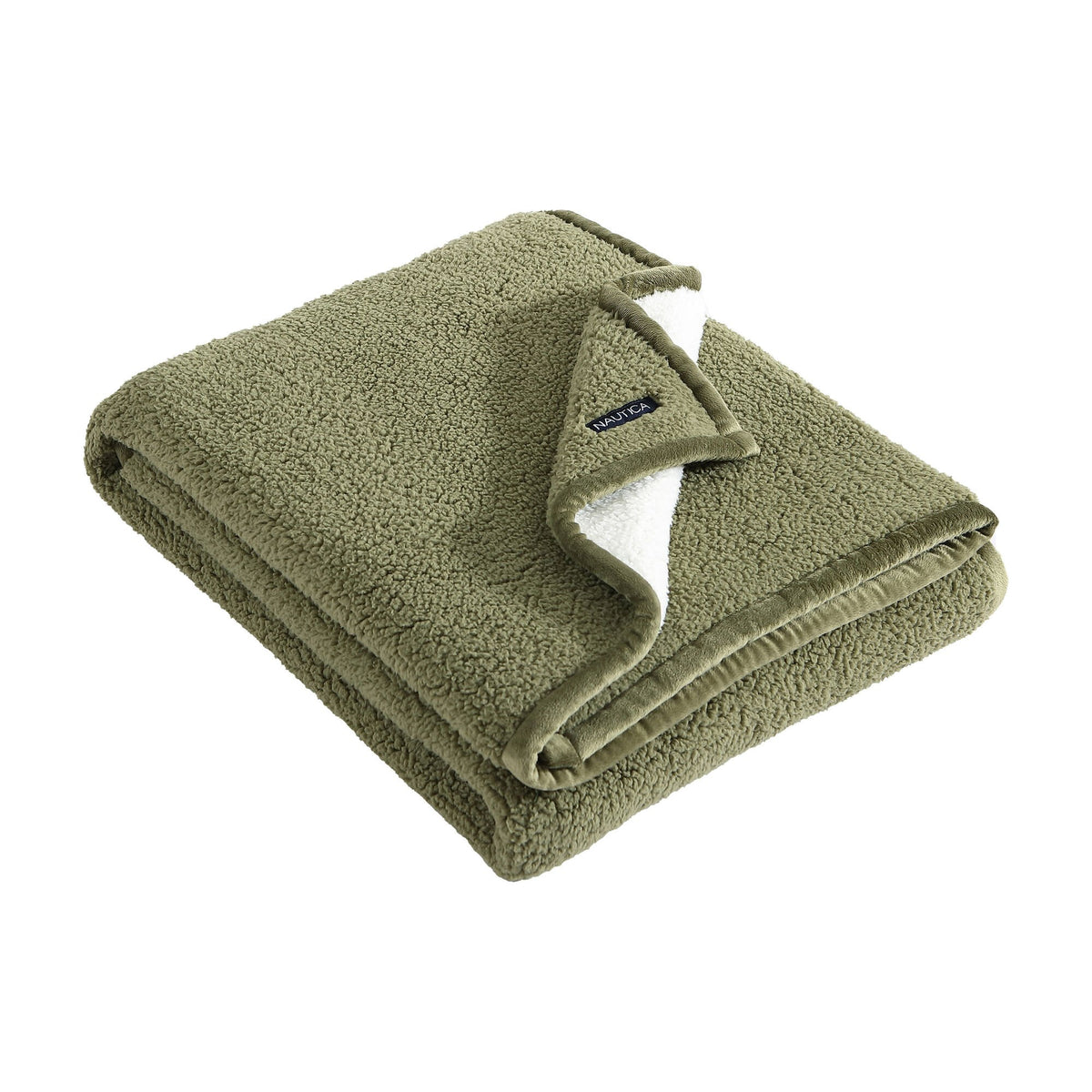 Nautica Solid Green Faux Shearling Throw Blanket Green Spruce