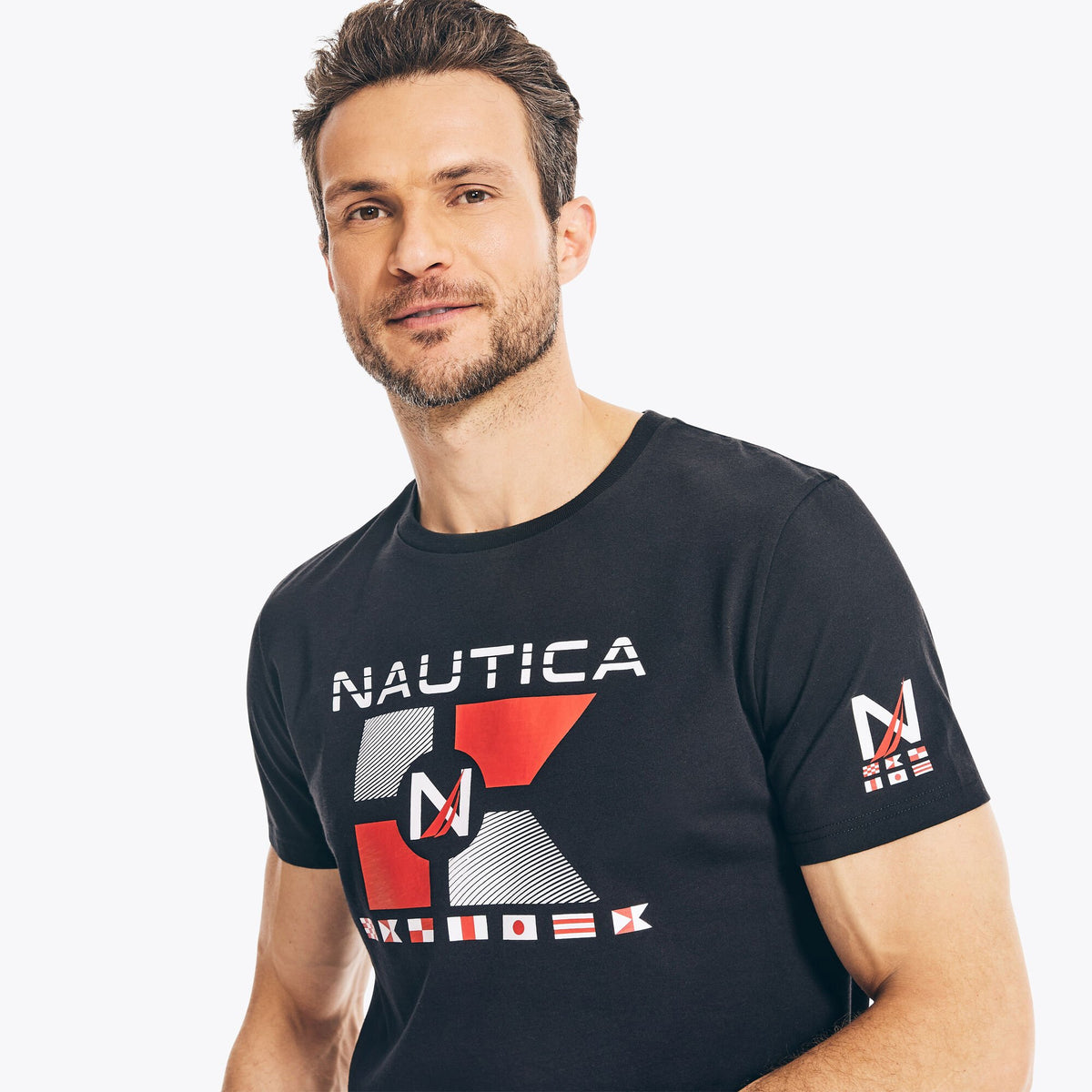 Nautica Men's Sustainably Crafted Nautica Flags Graphic T-Shirt True Black