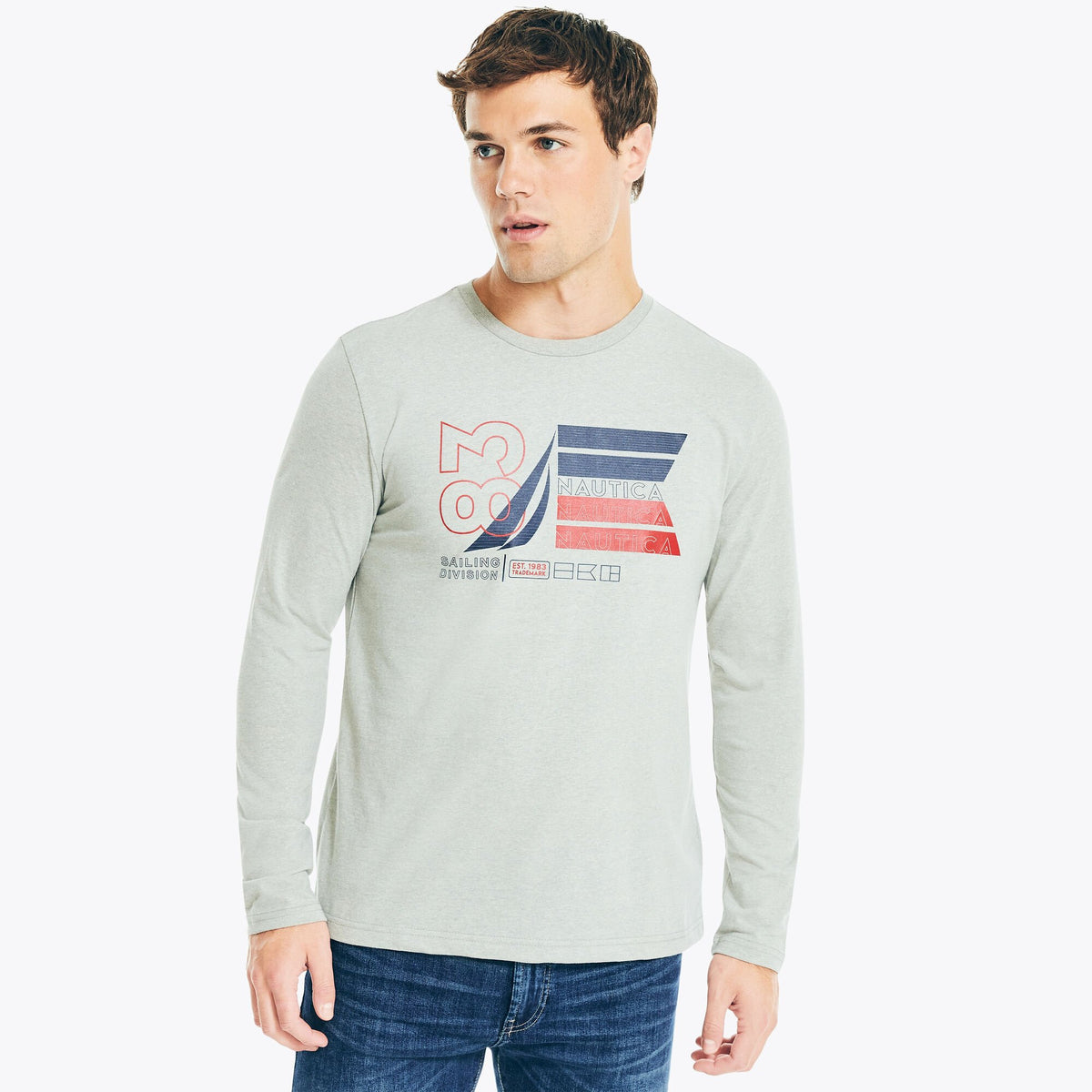 Nautica Men's Sustainably Crafted Graphic Long-Sleeve T-Shirt Grey Heather