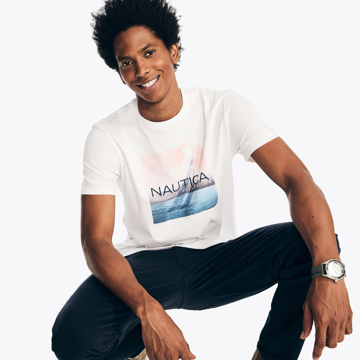 Nautica Men's Sustainably Crafted Sky And Ocean Graphic T-Shirt Bright White