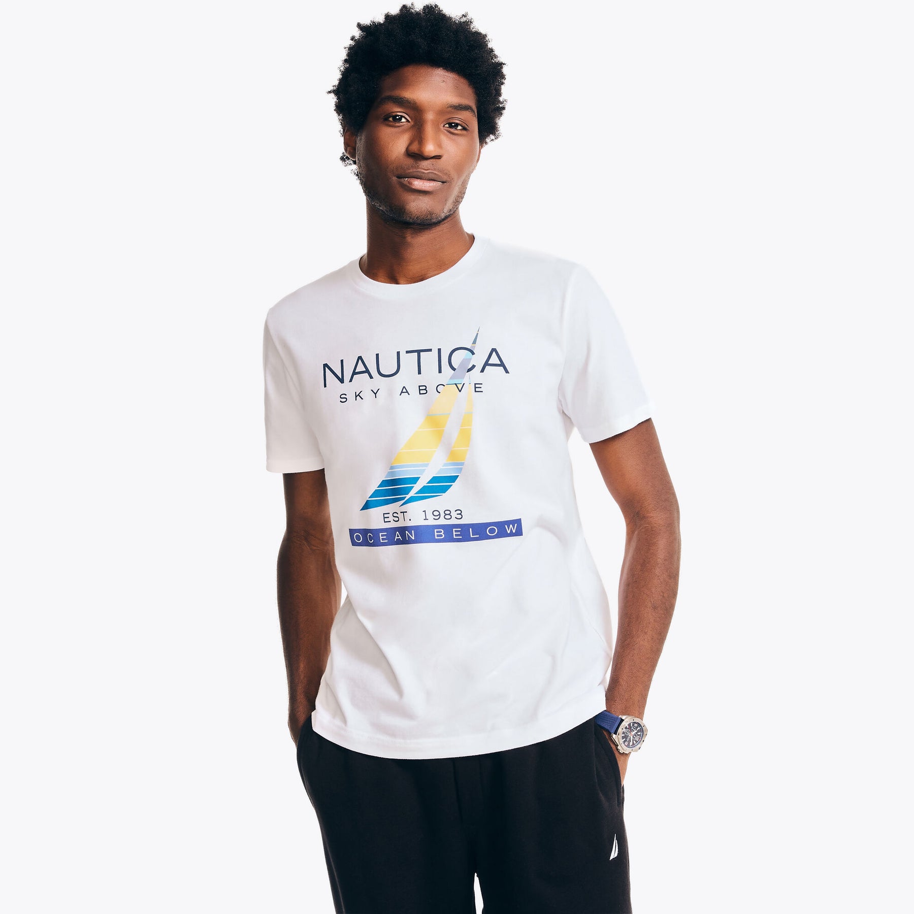 Nautica Men's Sustainably Crafted Sky & Ocean Graphic T-Shirt Bright White