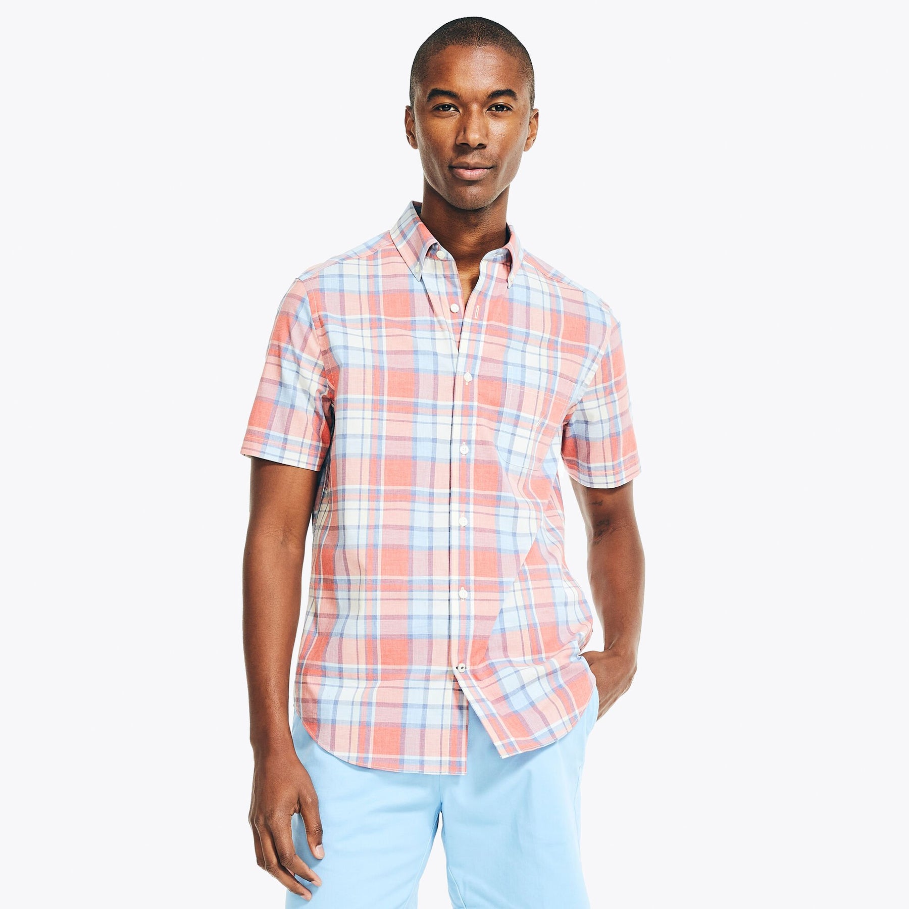Nautica Men's Heathered Plaid Short-Sleeve Oxford Shirt Sailor Red