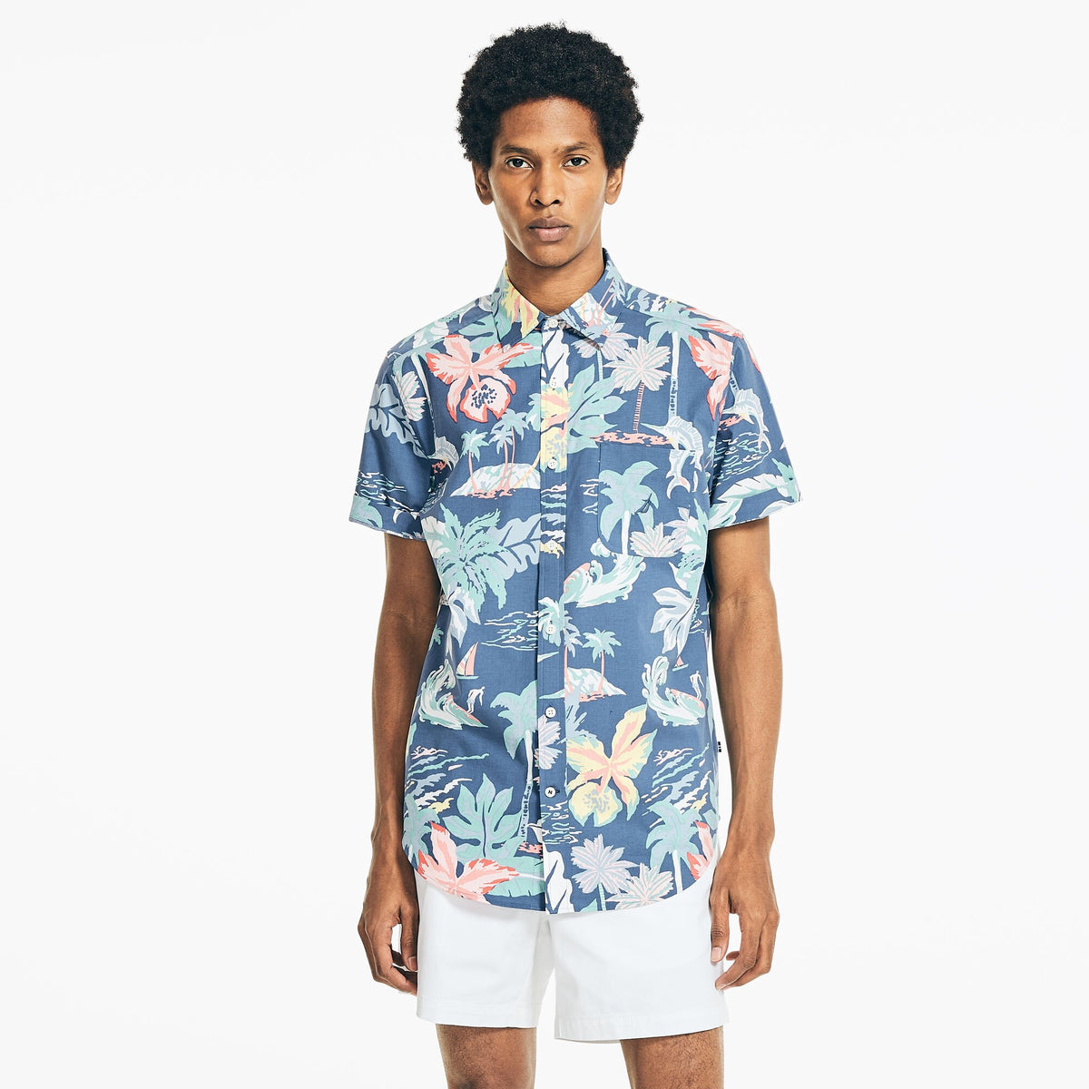 Nautica Men's Palm And Fish Print Short-Sleeve Shirt Delphinium Blue
