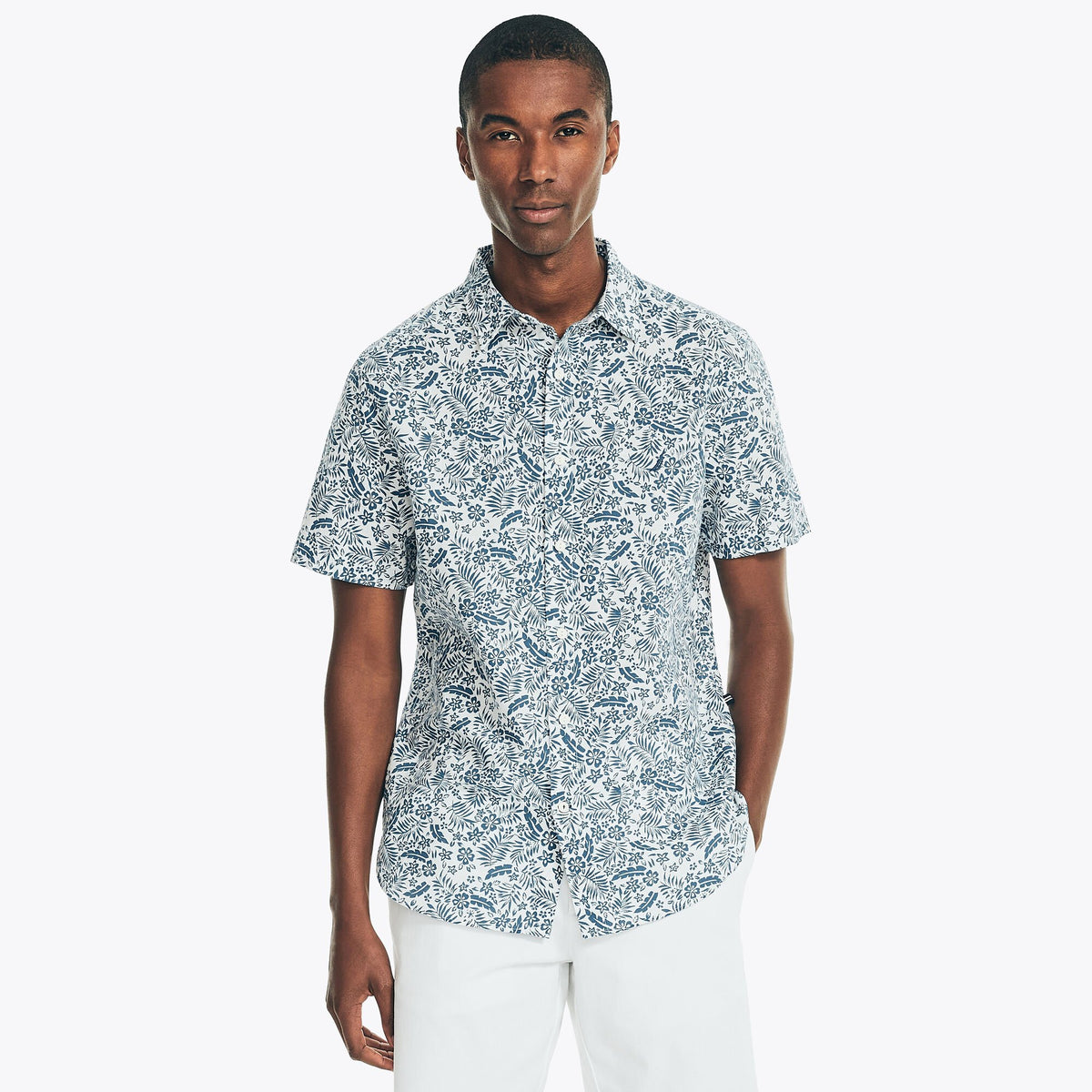 Nautica Men's Floral Print Linen Short-Sleeve Shirt Sail White