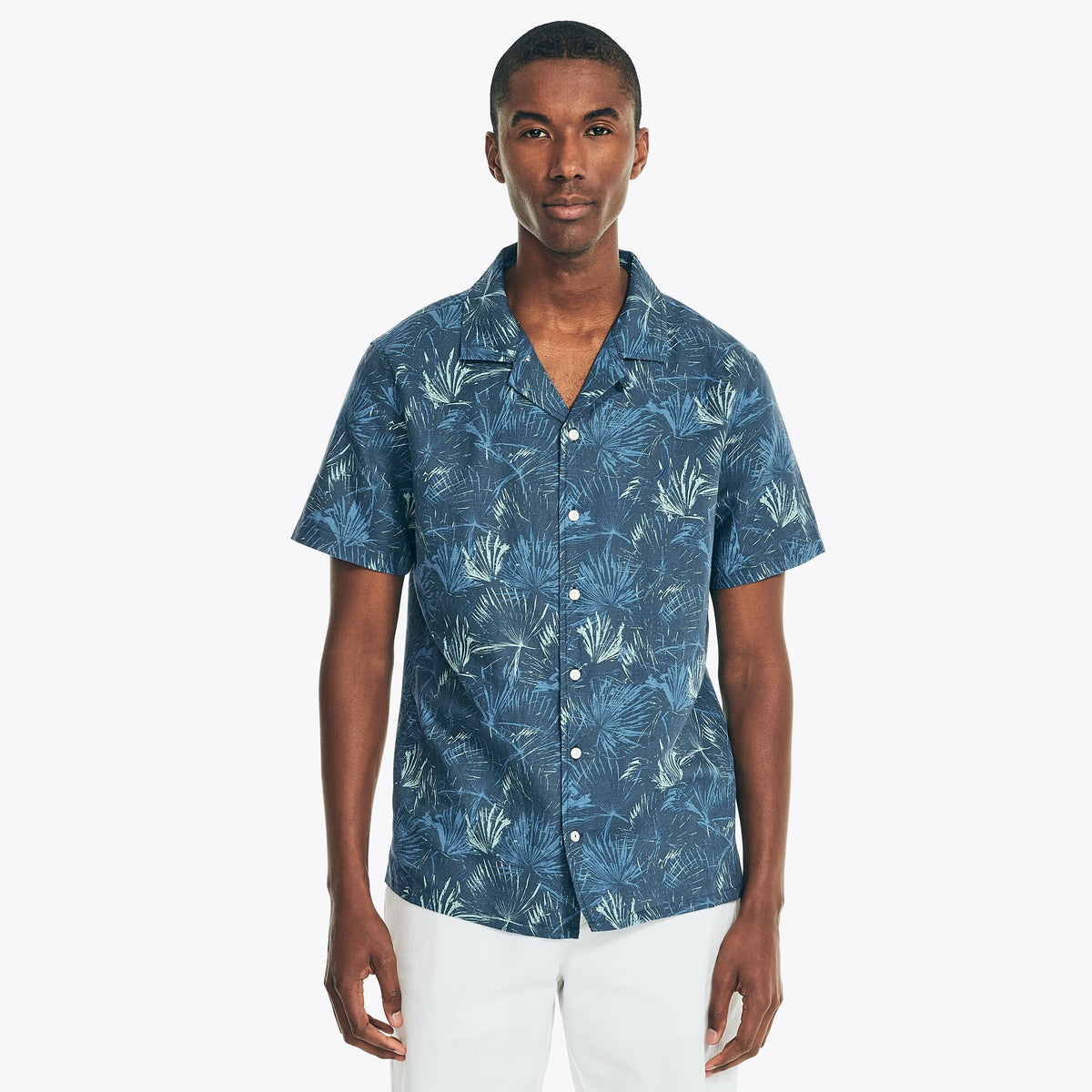 Nautica Men's Palm Print Linen Short-Sleeve Shirt Lapis Blue