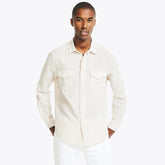 Nautica Men's Classic Fit Linen Striped Shirt Military Tan