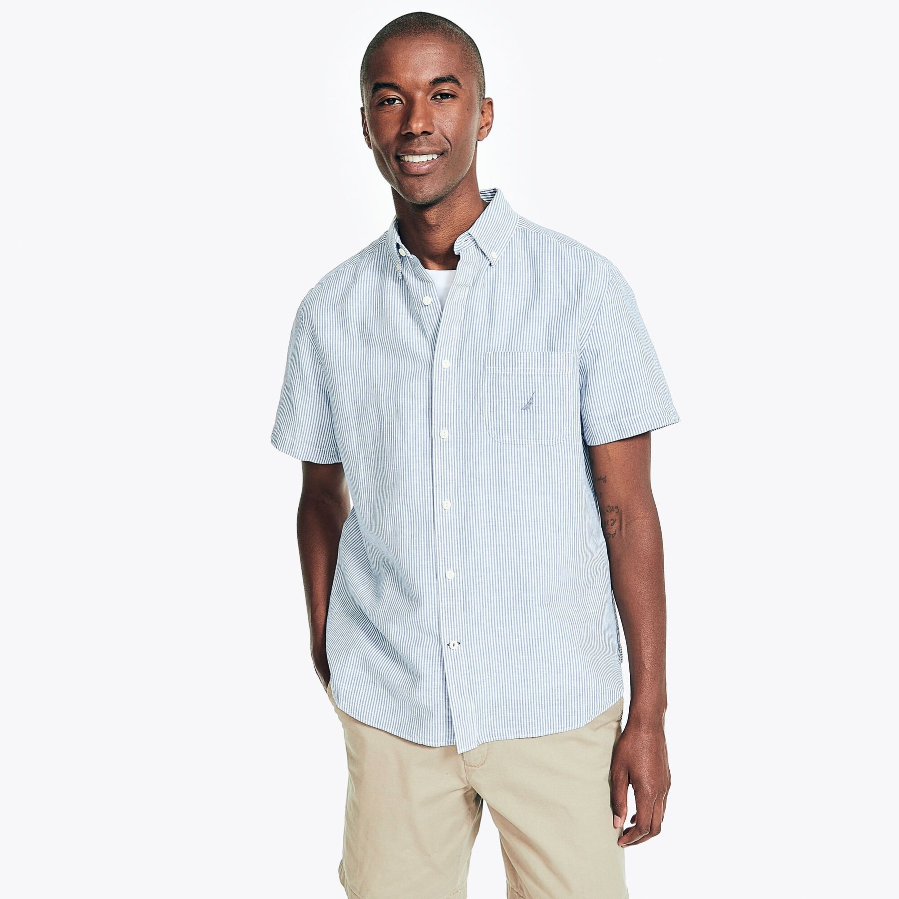 Nautica Men's Striped Linen Short-Sleeve Shirt Clear Sky Blue