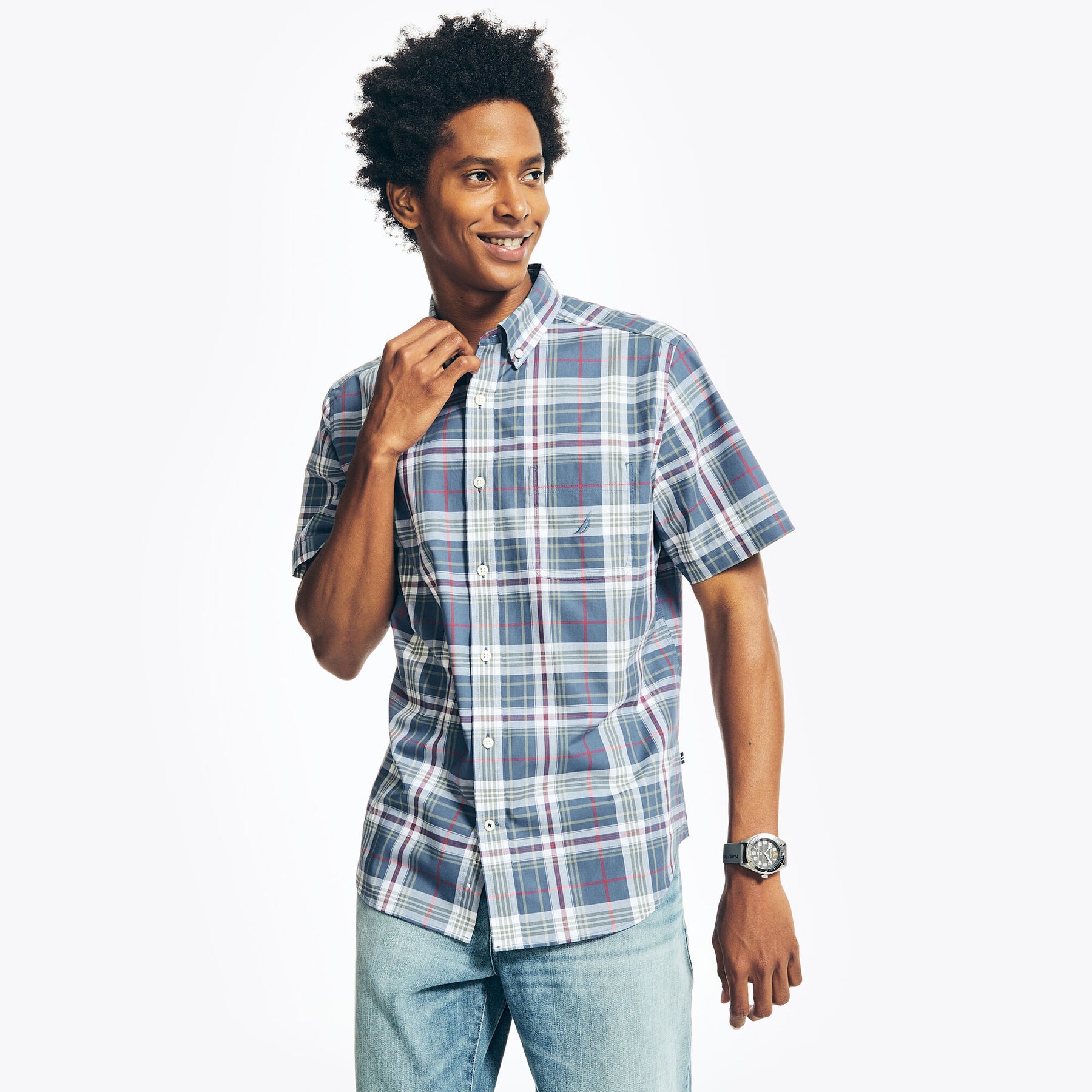 Nautica Men's Short-Sleeve Plaid Poplin Shirt Workshirt Blue