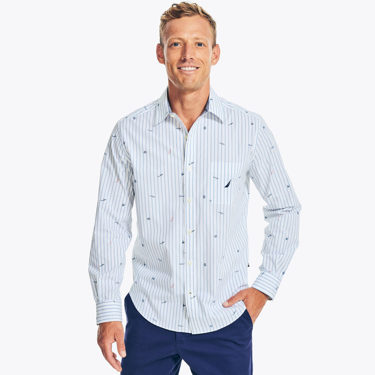 Nautica Men's Printed Poplin Shirt Bright White