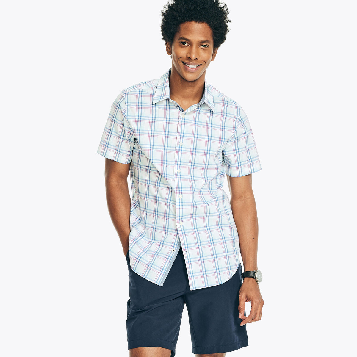 Nautica Men's Navtech Trim Fit Plaid Short-Sleeve Shirt Bright White