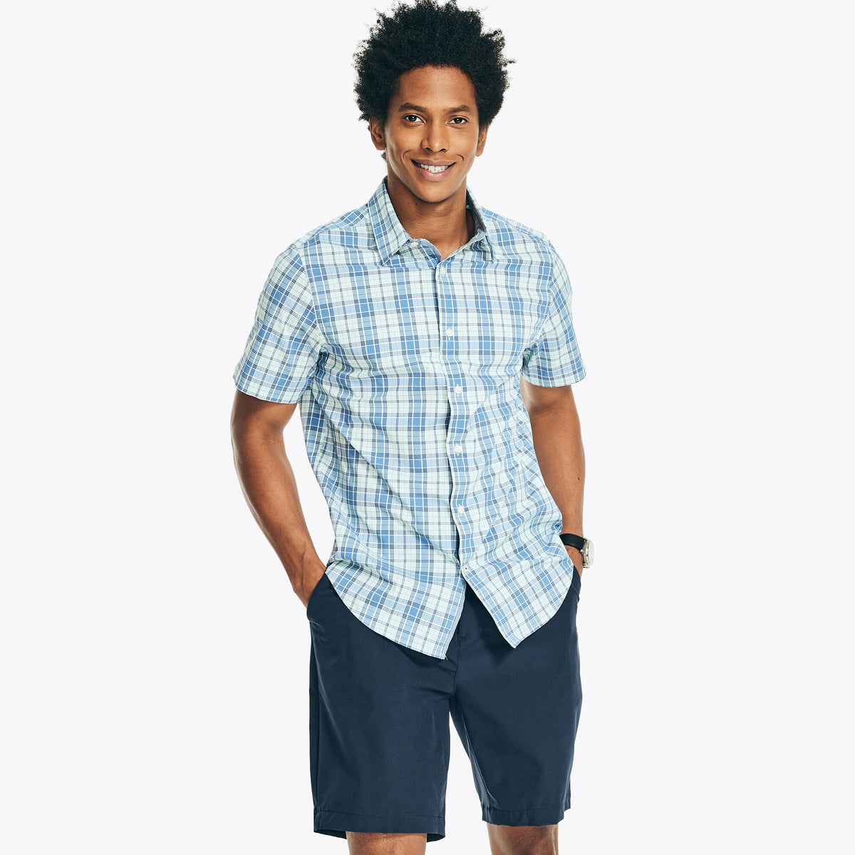 Nautica Men's Navtech Trim Fit Plaid Short-Sleeve Shirt Ocean Depth Heather