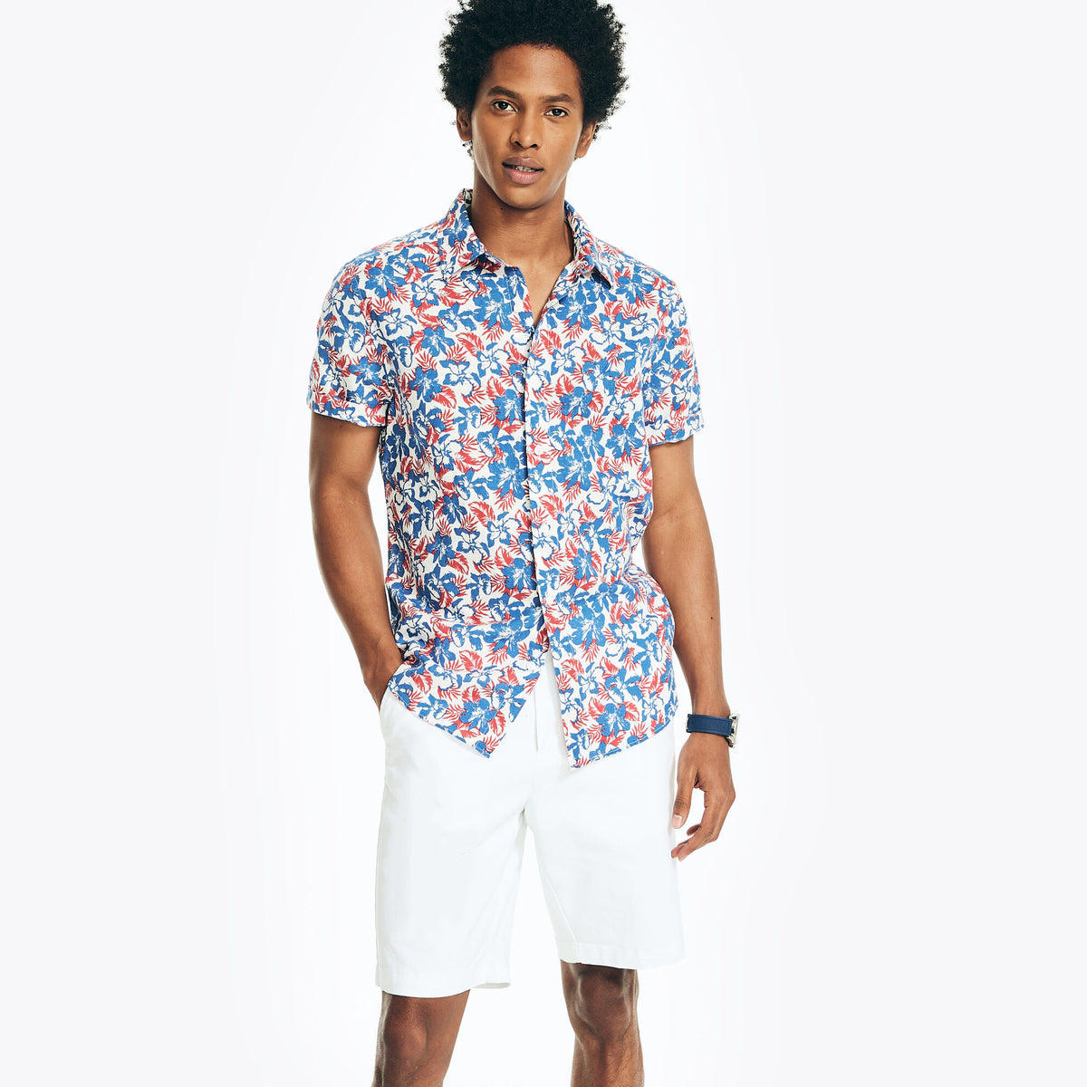 Nautica Men's Sustainably Crafted Printed Linen Short-Sleeve Shirt Marshmallow