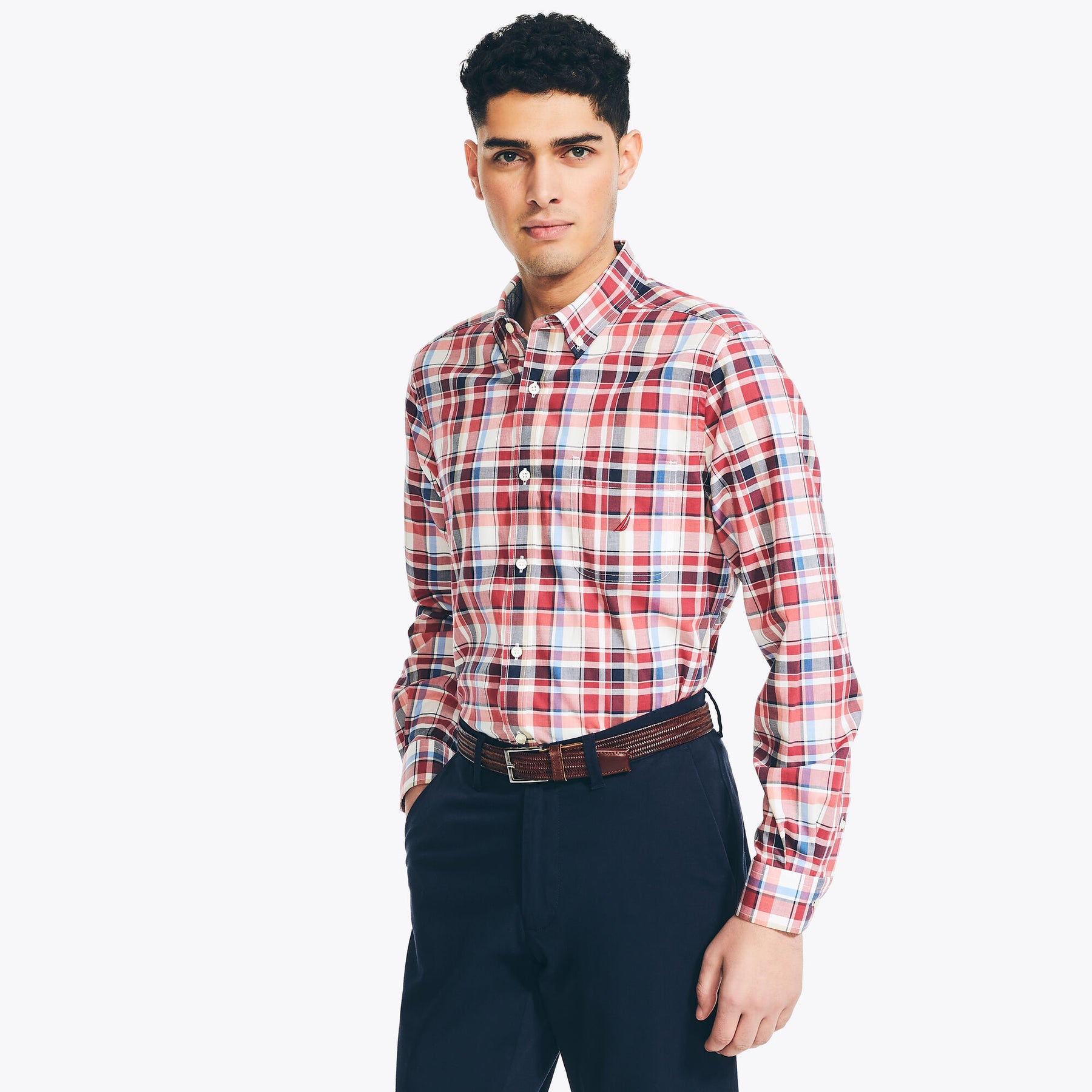 Nautica Men's Sustainably Crafted Plaid Shirt Melonberry