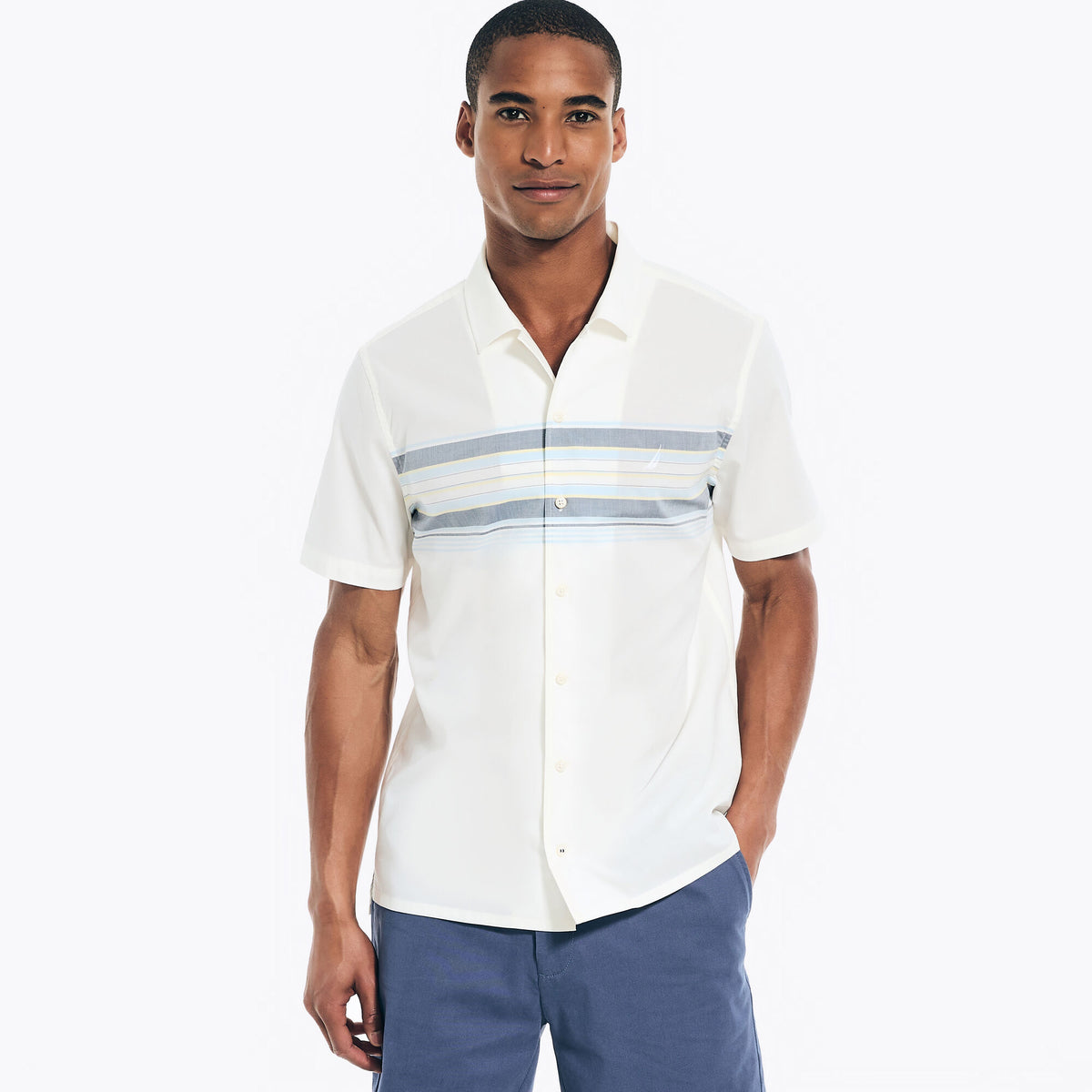 Nautica Men's Sustainably Crafted Chest-Stripe Short-Sleeve Camp Shirt Sail White