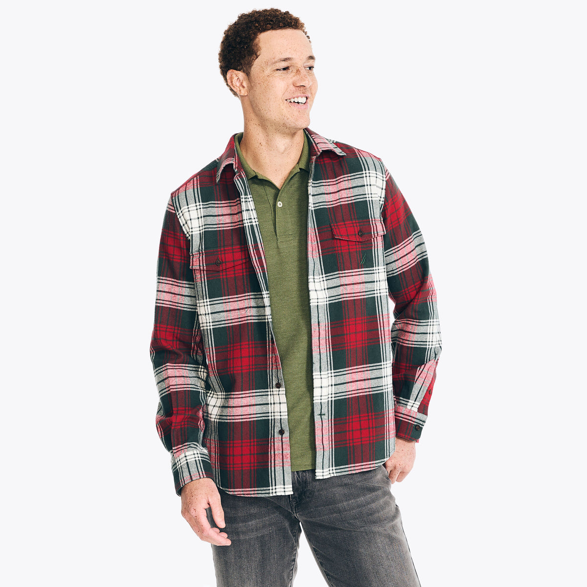 Nautica Men's Sustainably Crafted Plaid Flannel Shirt Dark Spruce