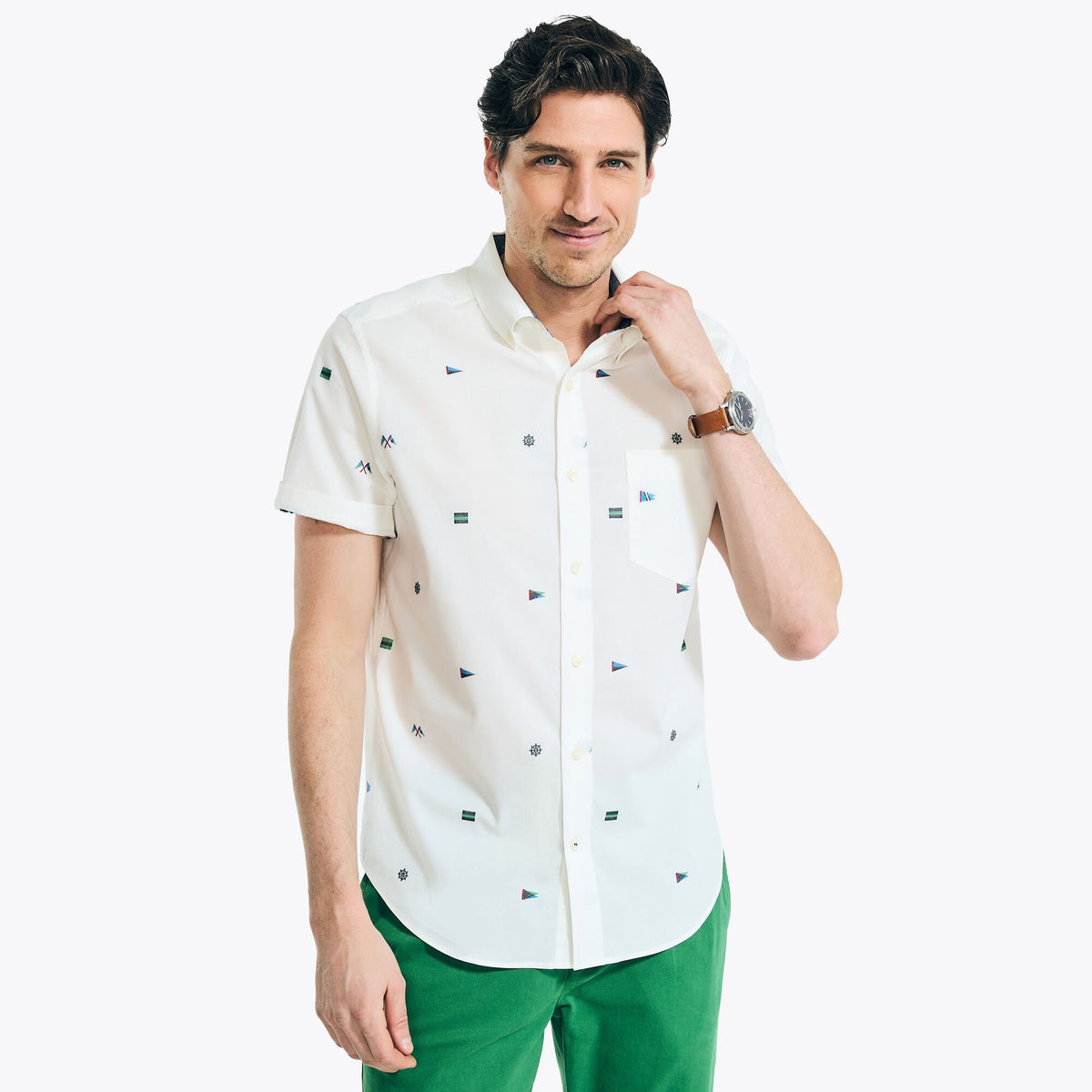 Nautica Men's 1983 Sustainably Crafted Printed Short-Sleeve Shirt Sail White